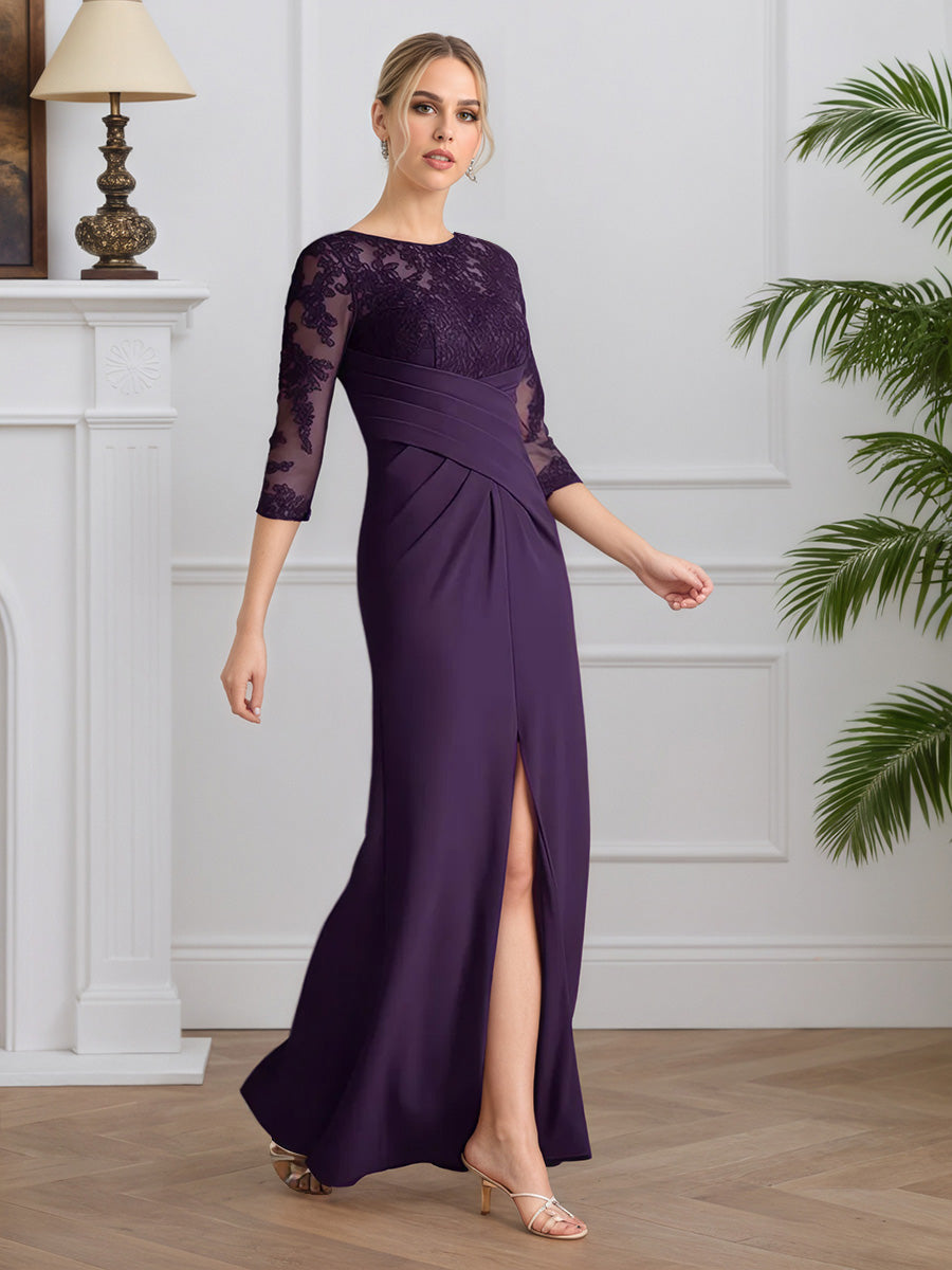 Cicinia Grape Mother Of The Bride Dress Long Chiffon Lace Sheath 3/4 Sleeves
