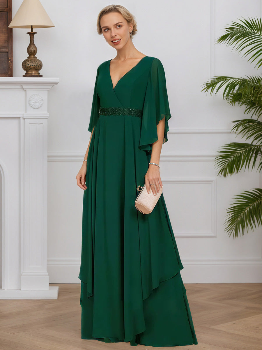 Cicinia Dark Green Mother Of The Groom Dress Long Chiffon Beaded A-line V-neck