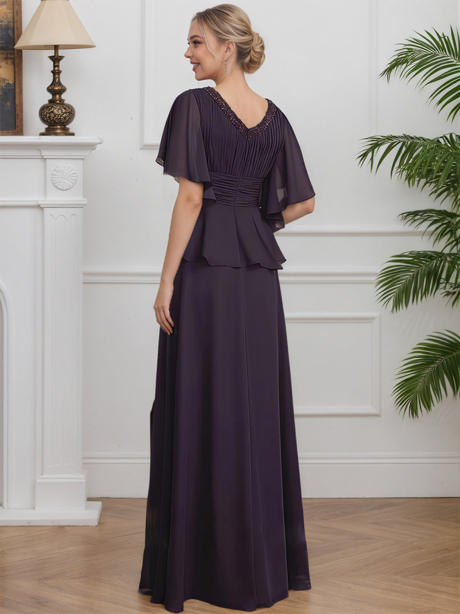 Cicinia Plum Mother Of The Bride Dress Long Chiffon A-line Beaded V-neck
