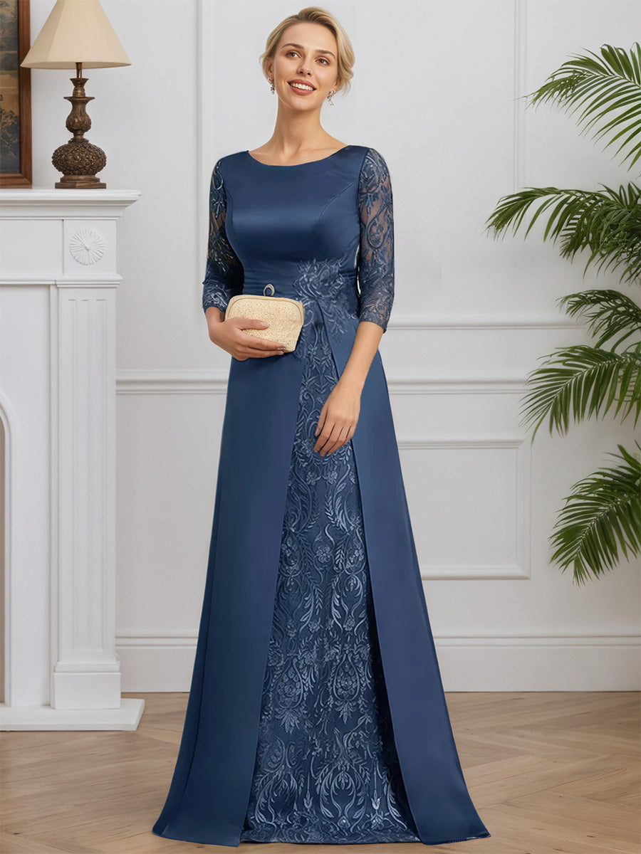 Cicinia Ink Blue Mother Of The Groom Dress Long Satin Lace A-line 3/4 Sleeves Floor Length
