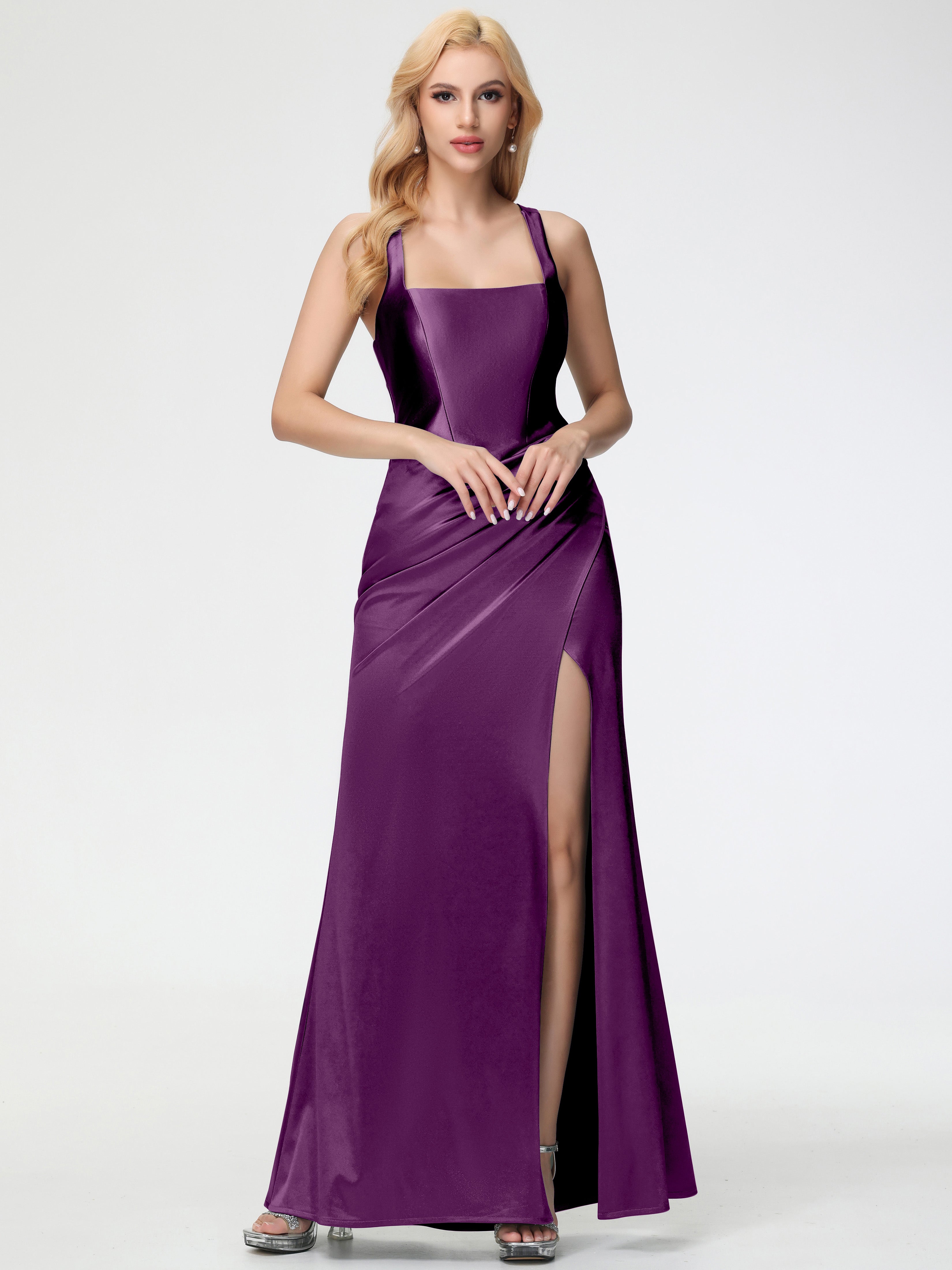 Grape Prom Dresses Straps Ruched Floor Length Sheath Prom Dress With Slit Grape Prom Dresses Straps Ruched Floor Length Sheath Prom Dress With Slit
