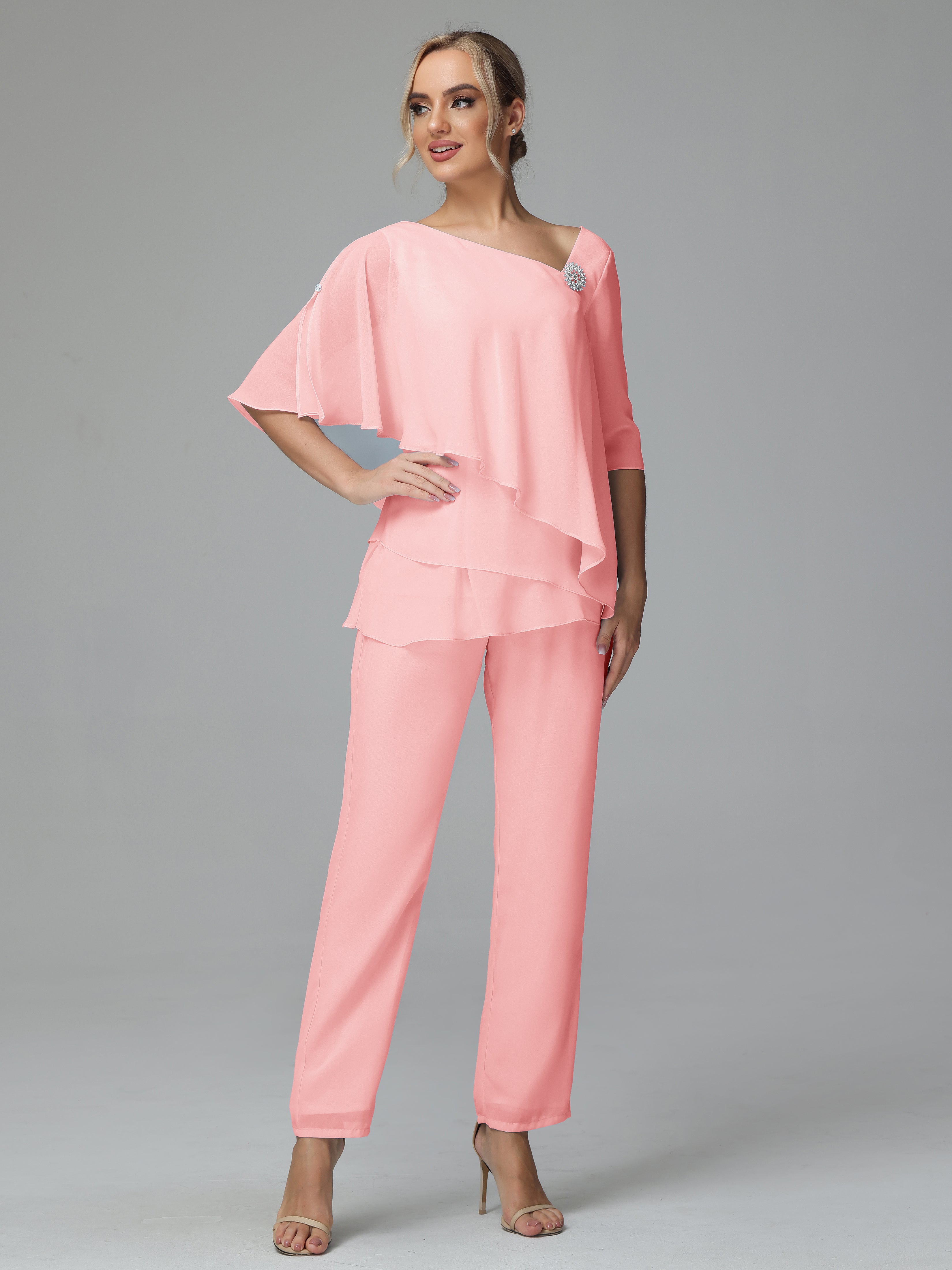 Half Sleeves Chiffon Mother Of The Bride Dress Pant Suits