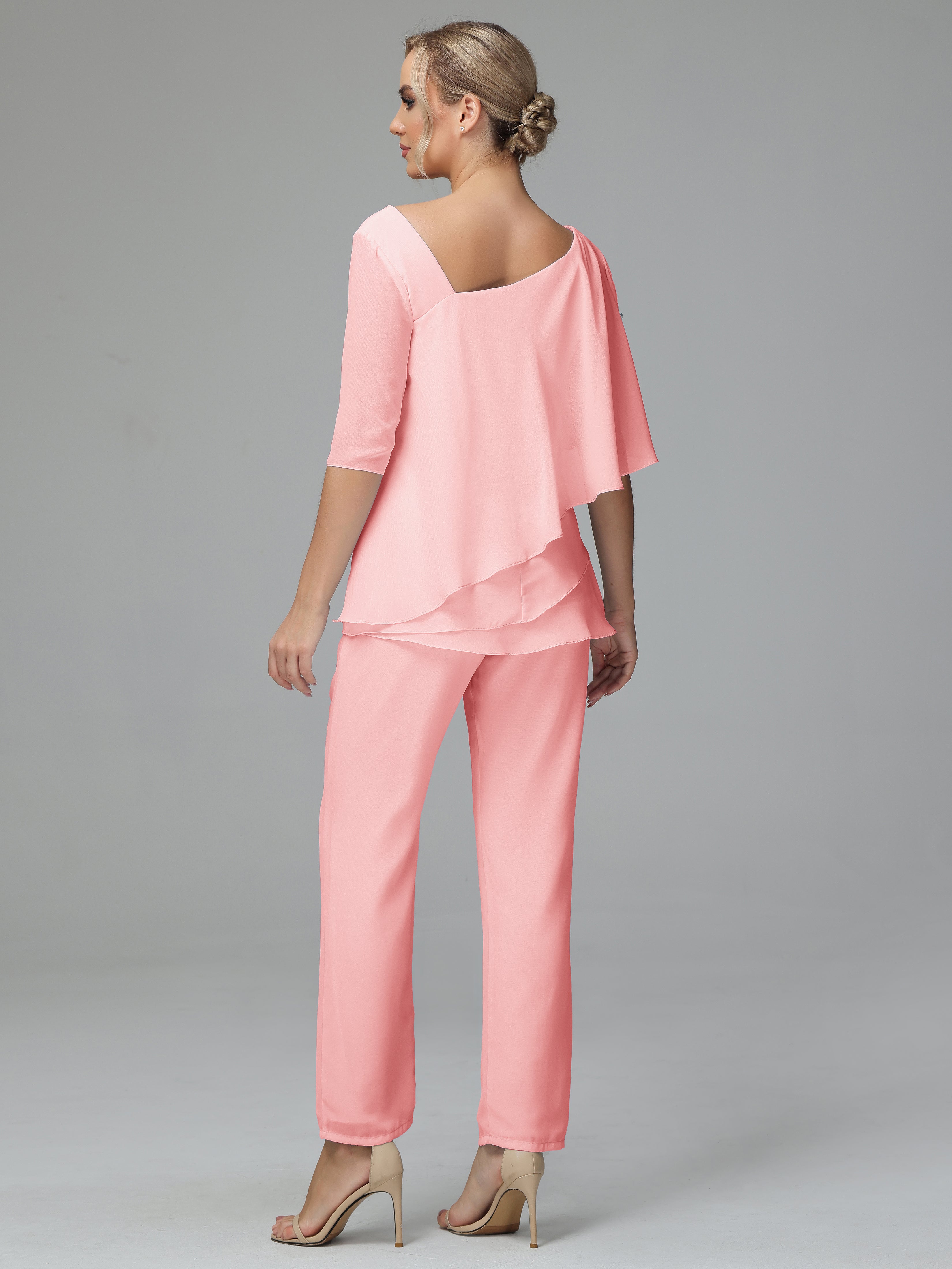 Half Sleeves Chiffon Mother Of The Bride Dress Pant Suits