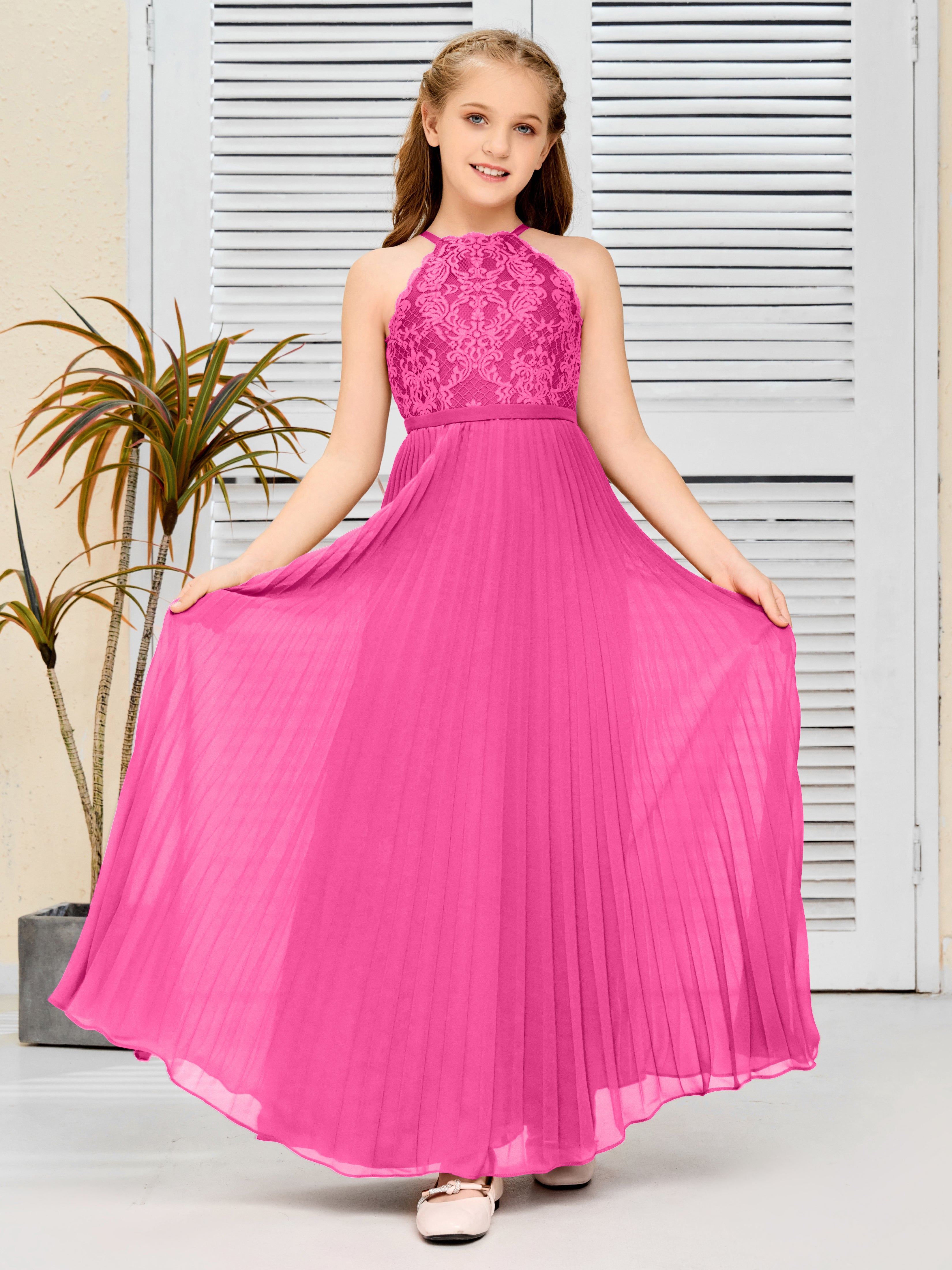 Halter A Line Chiffon Lace Junior Bridesmaid Dress, Azalea Halter A Line Chiffon Lace Junior Bridesmaid Dress, Azalea