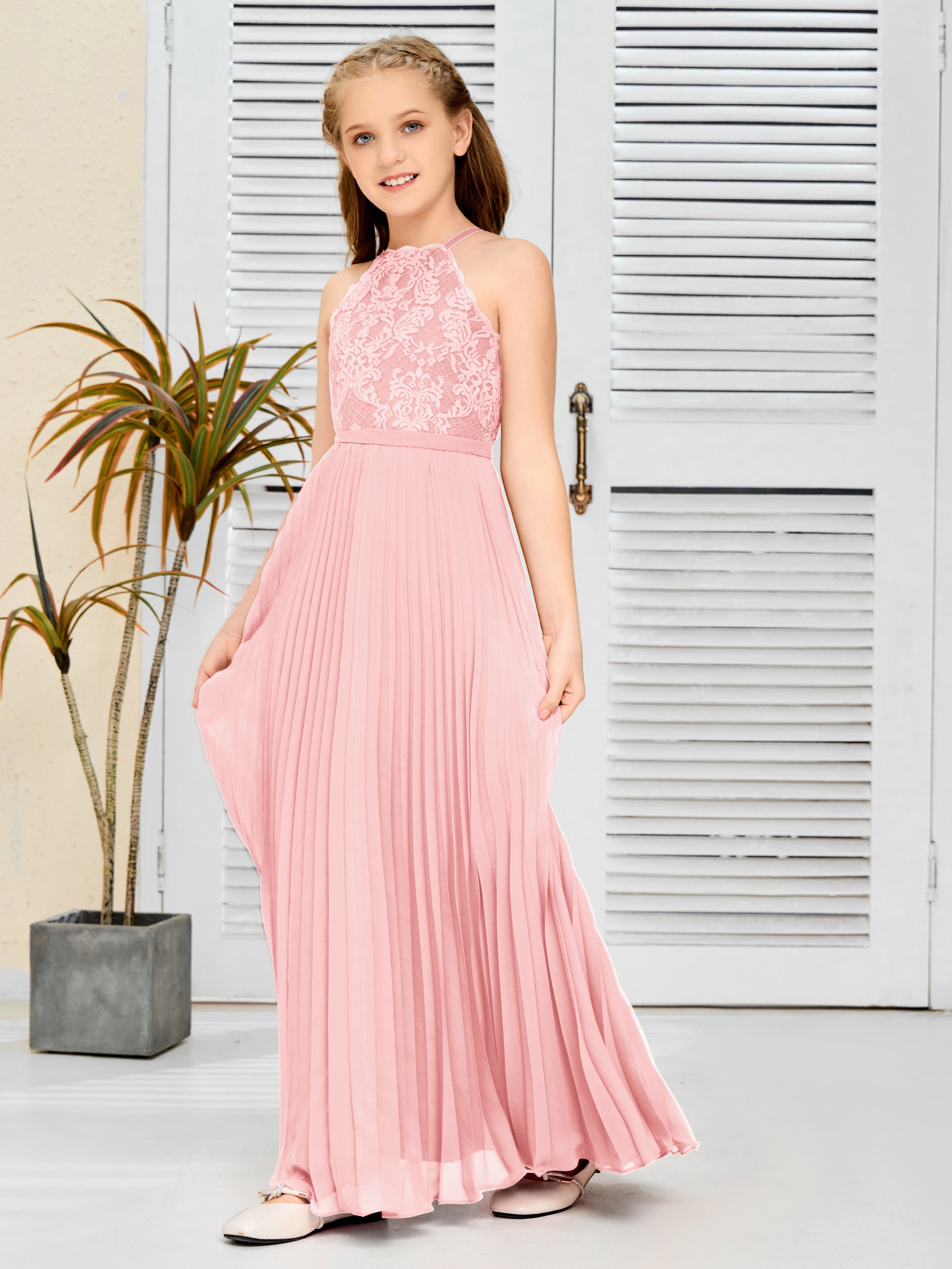 Halter A Line Chiffon Lace Junior Bridesmaid Dress