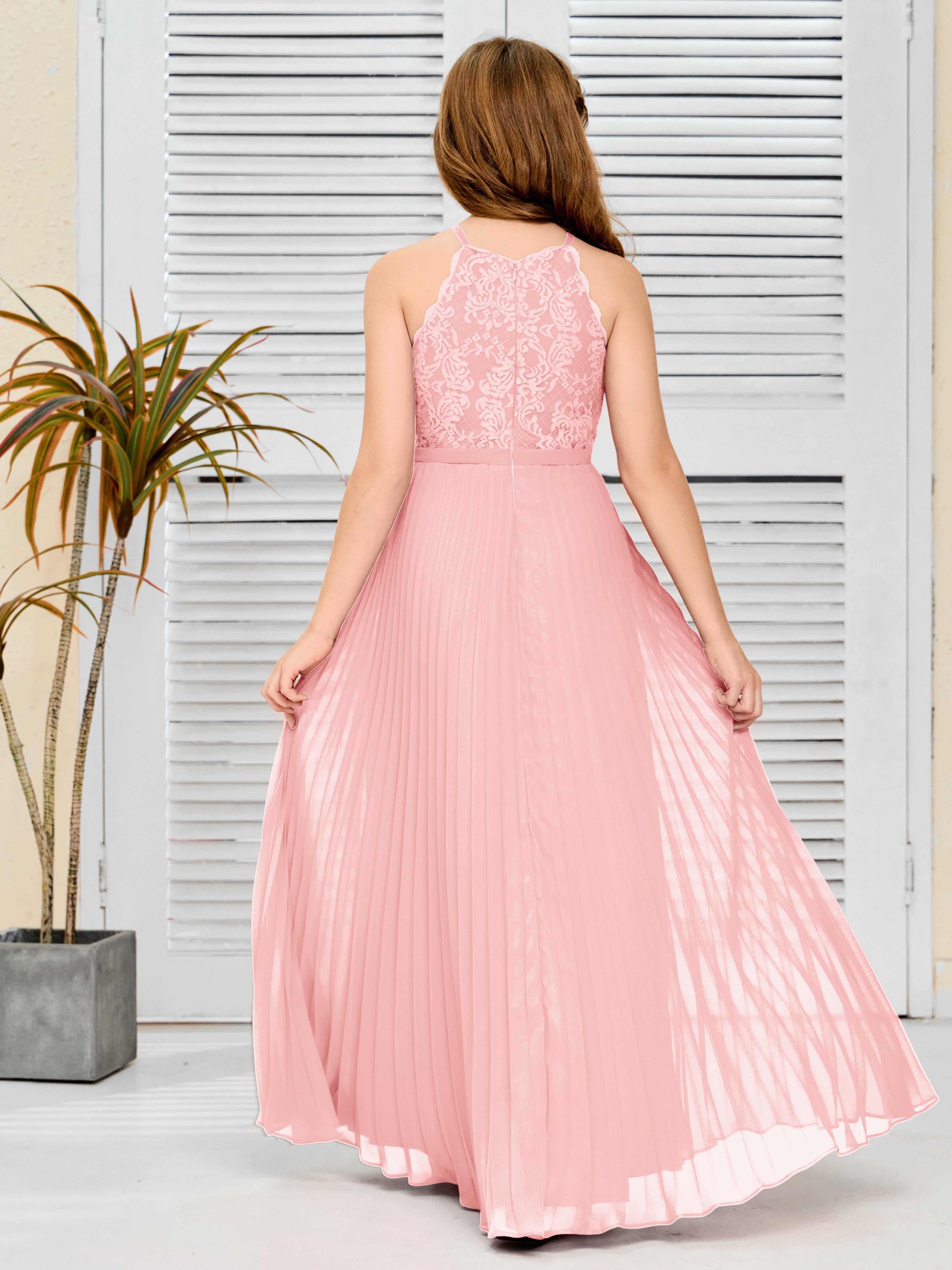 Halter A Line Chiffon Lace Junior Bridesmaid Dress