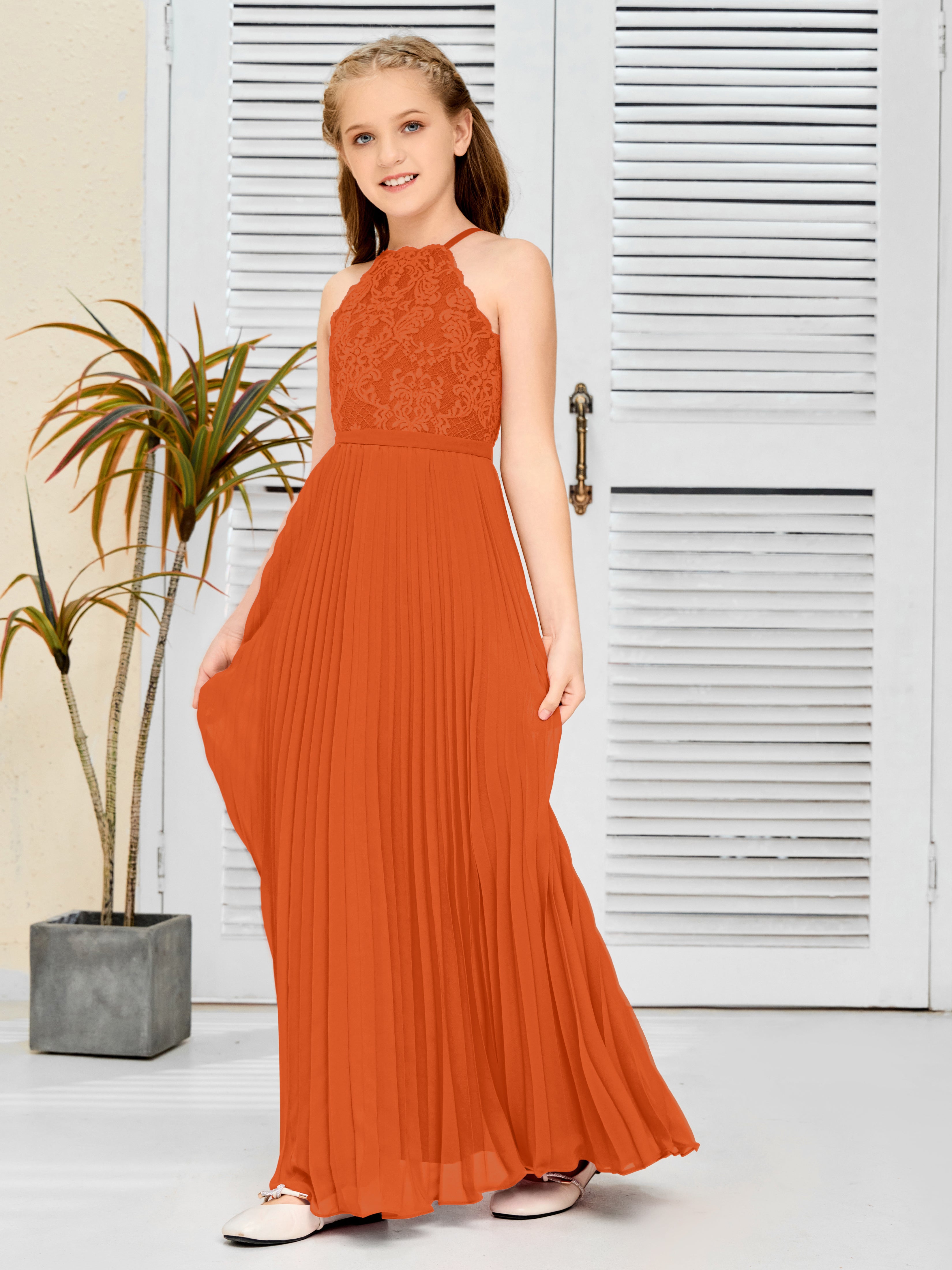 Halter A Line Chiffon Lace Junior Bridesmaid Dress