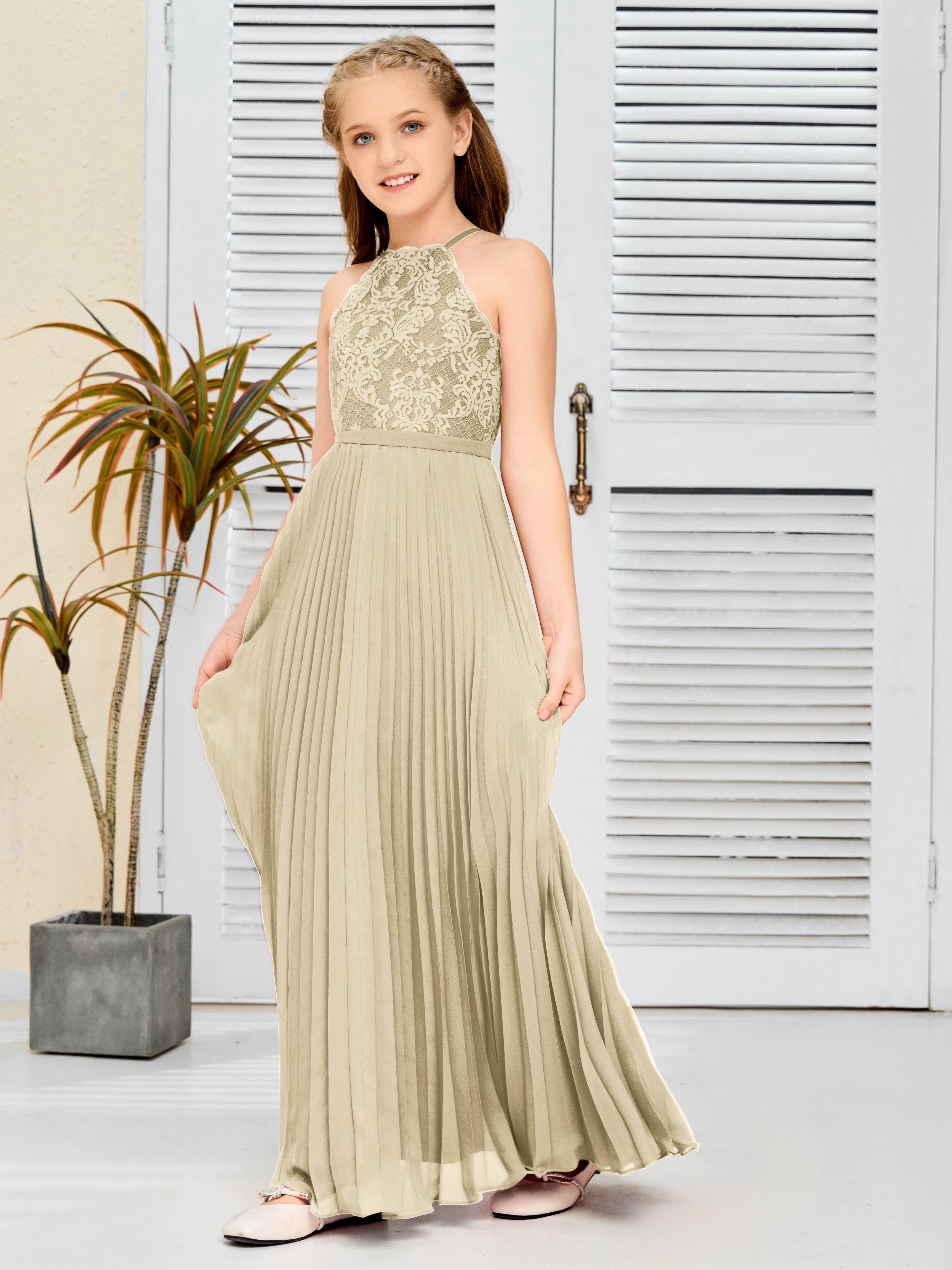 Halter A Line Chiffon Lace Junior Bridesmaid Dress