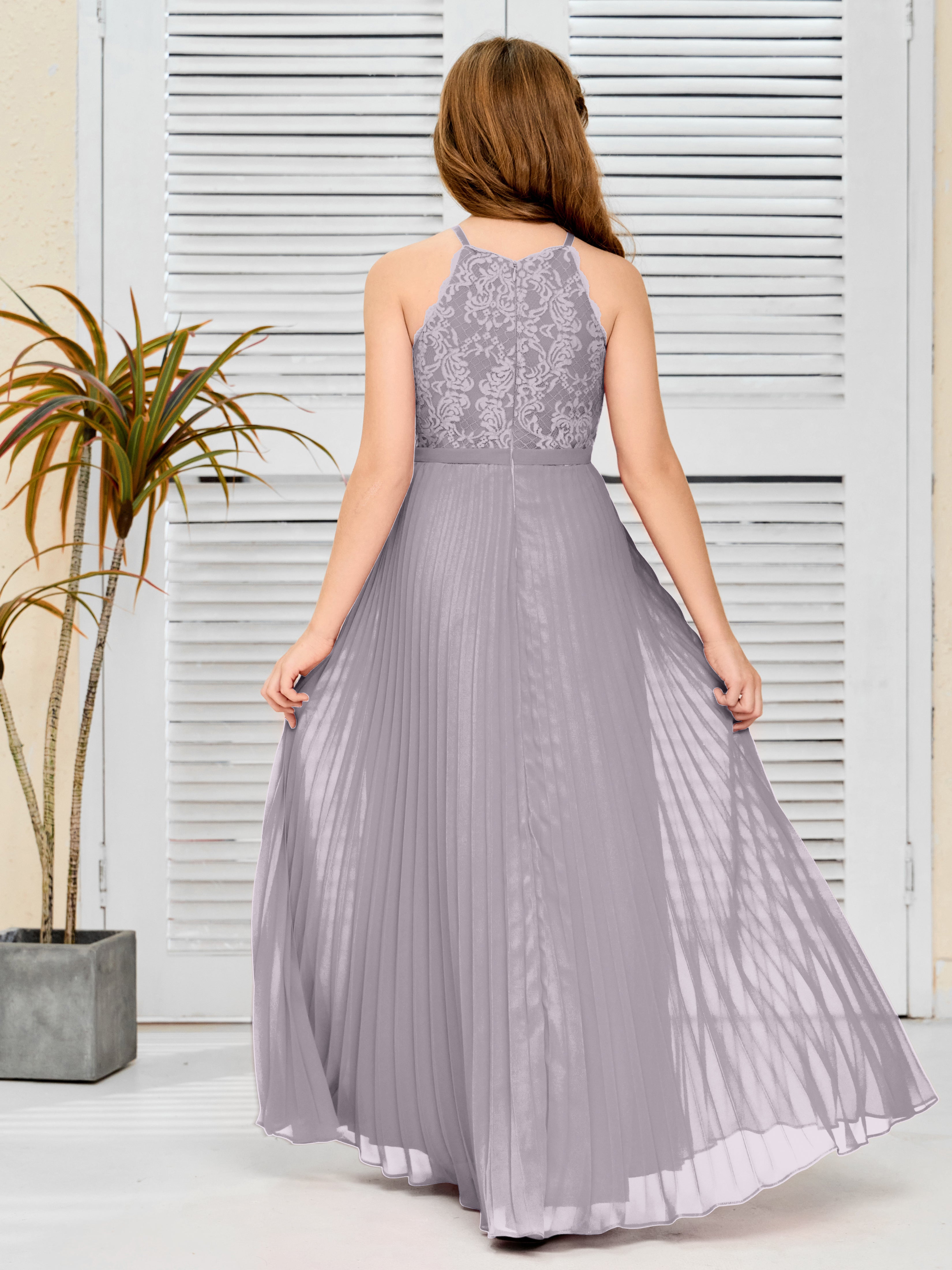 Halter A Line Chiffon Lace Junior Bridesmaid Dress
