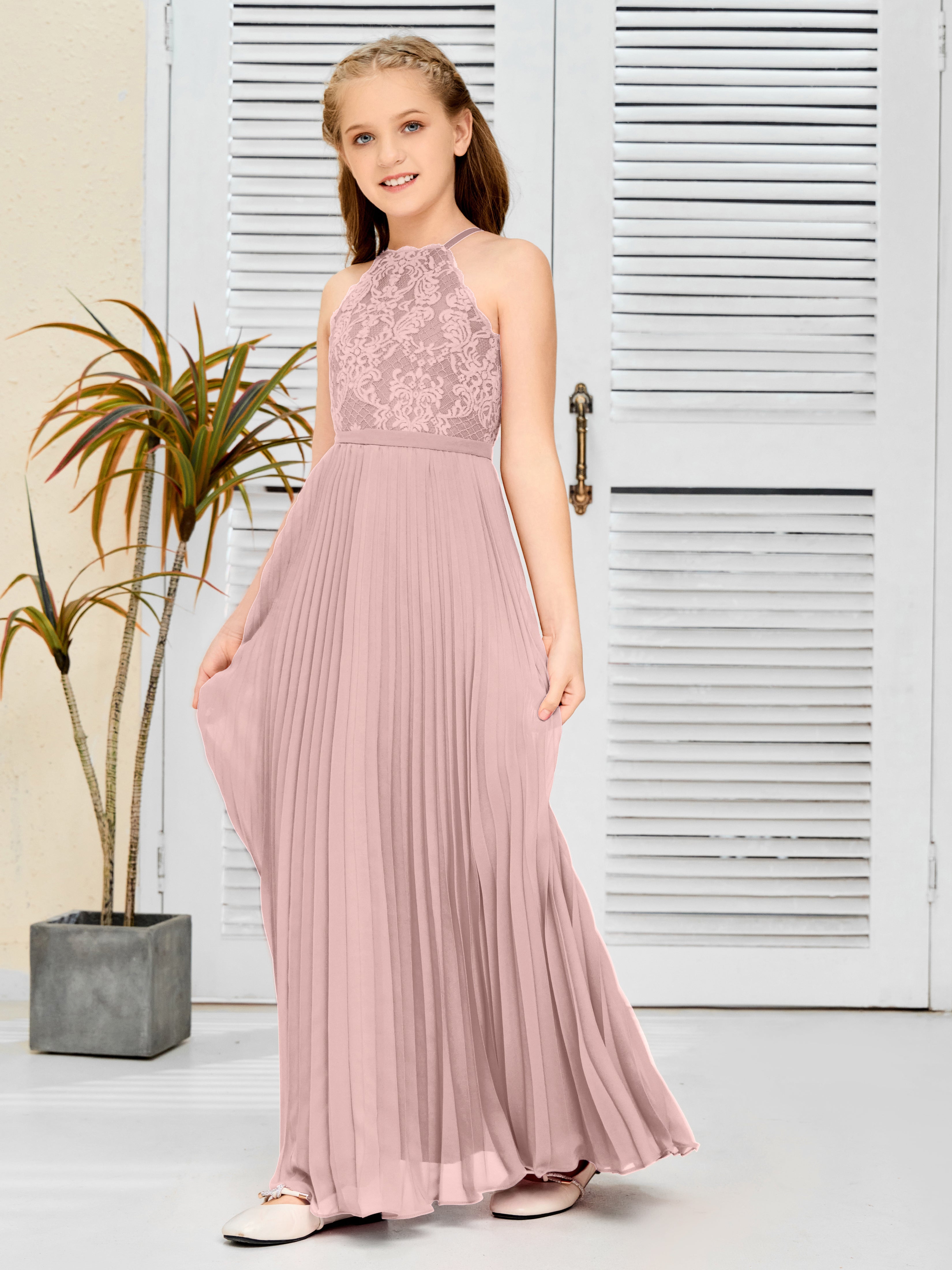 Halter A Line Chiffon Lace Junior Bridesmaid Dress
