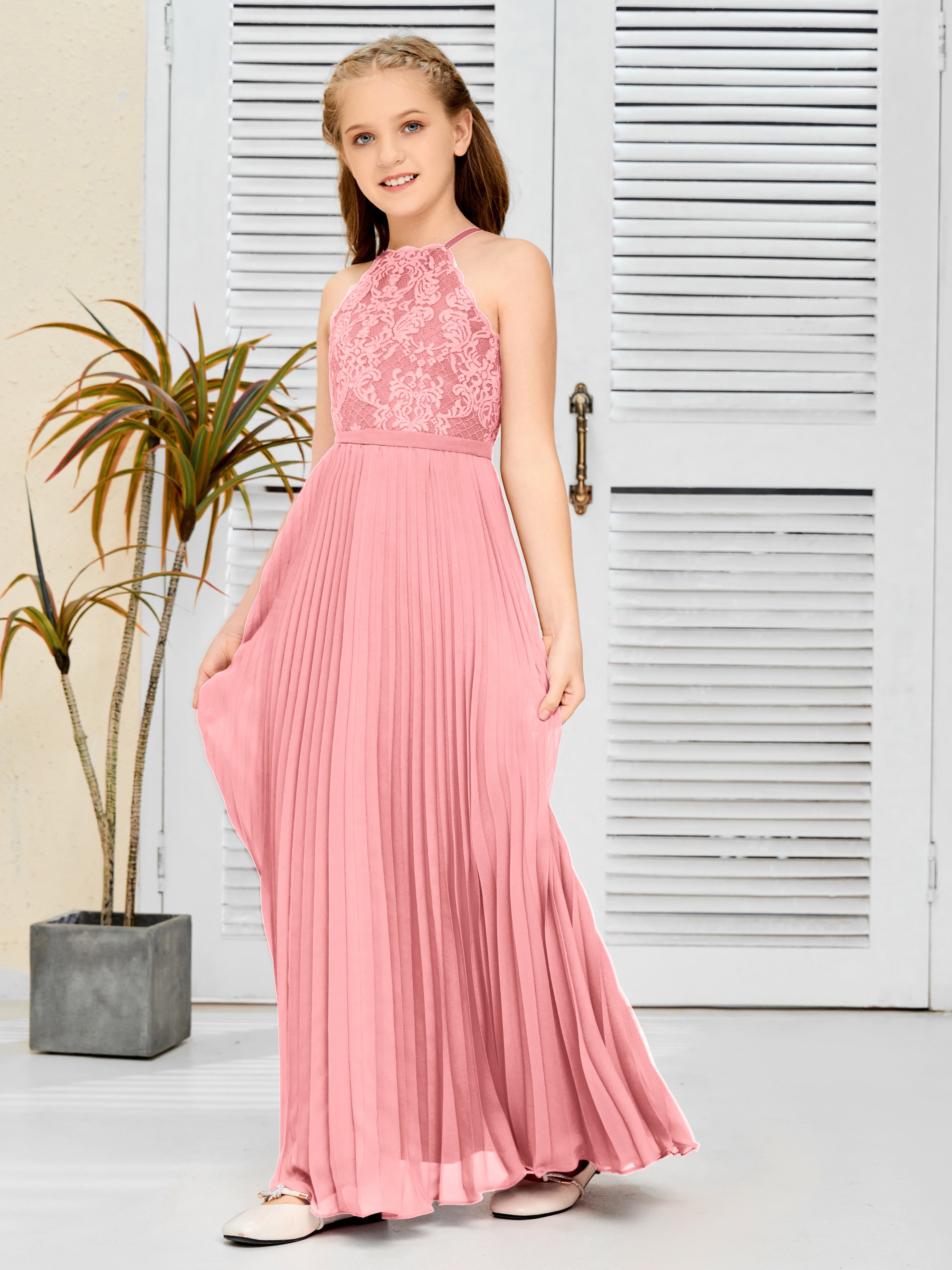 Halter A Line Chiffon Lace Junior Bridesmaid Dress