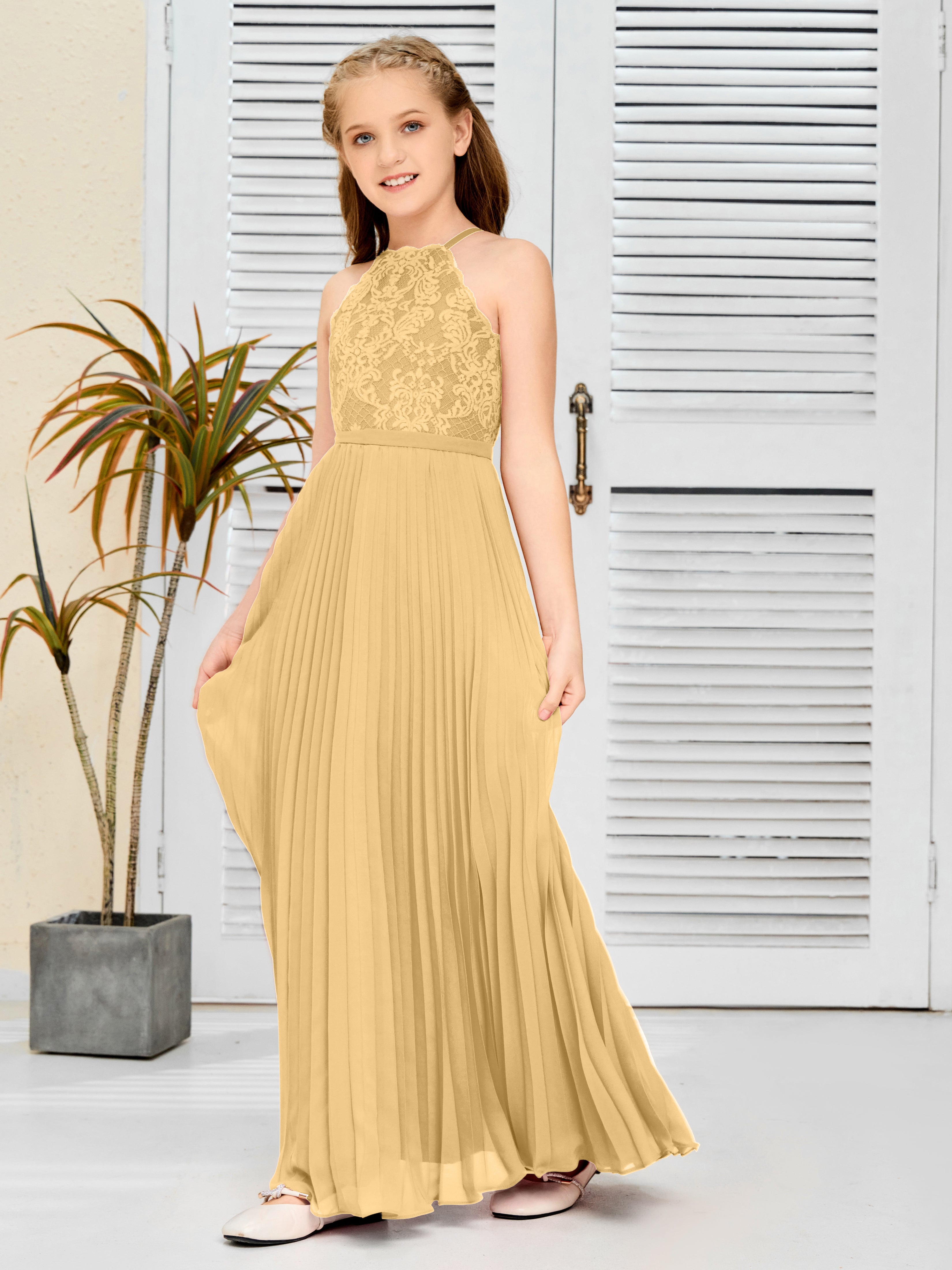 Halter A Line Chiffon Lace Junior Bridesmaid Dress