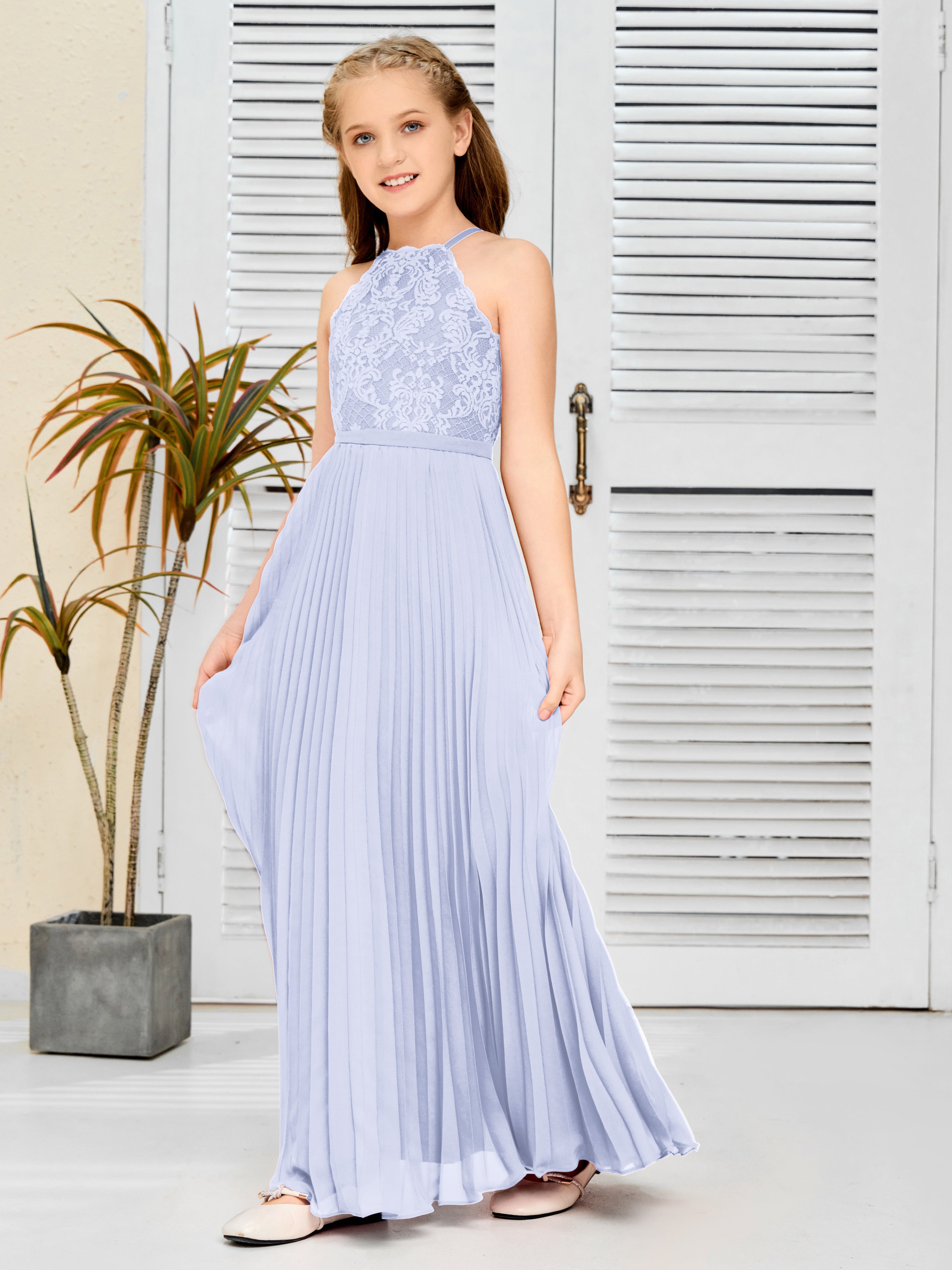 Halter A Line Chiffon Lace Junior Bridesmaid Dress