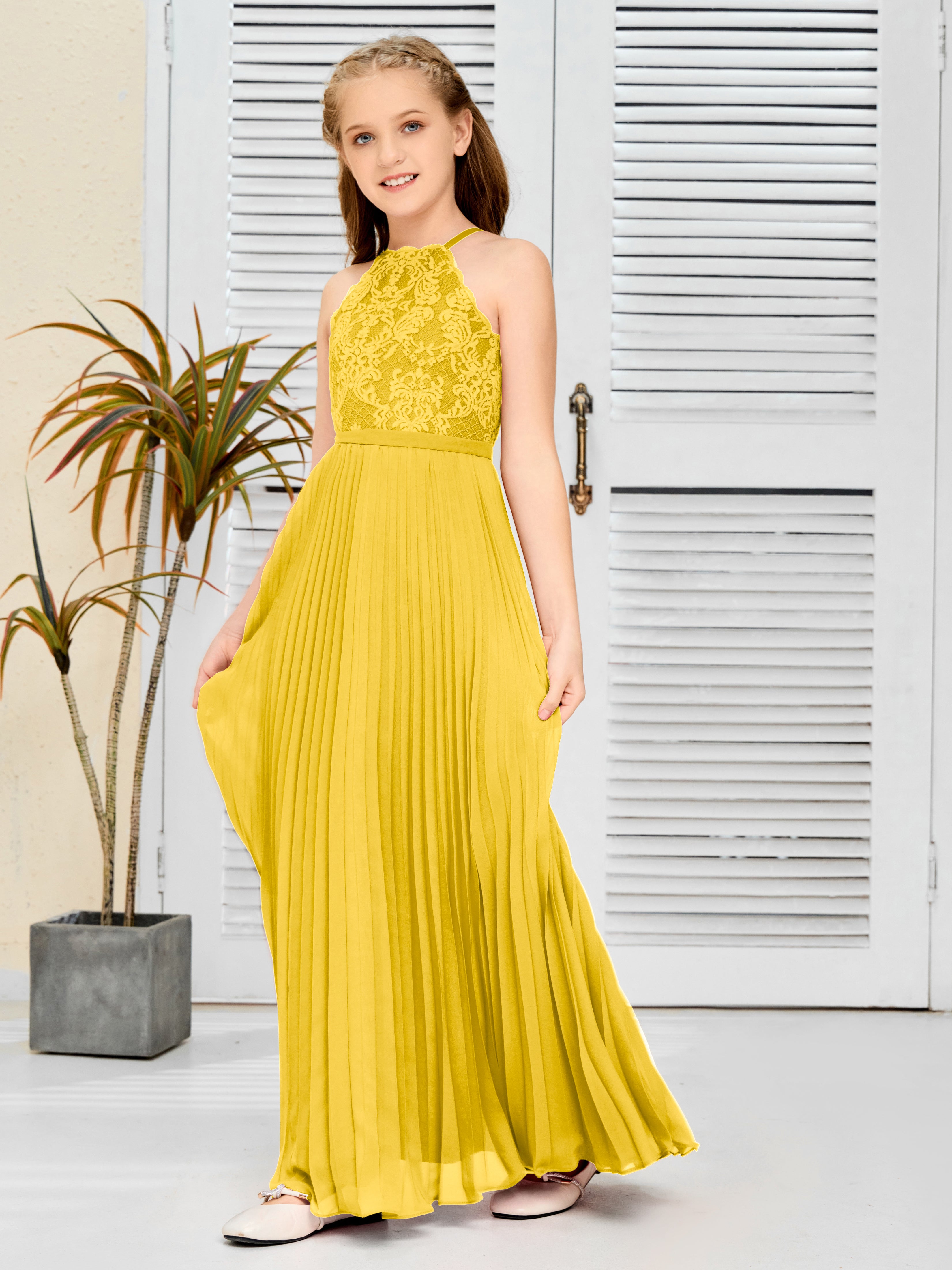 Halter A Line Chiffon Lace Junior Bridesmaid Dress