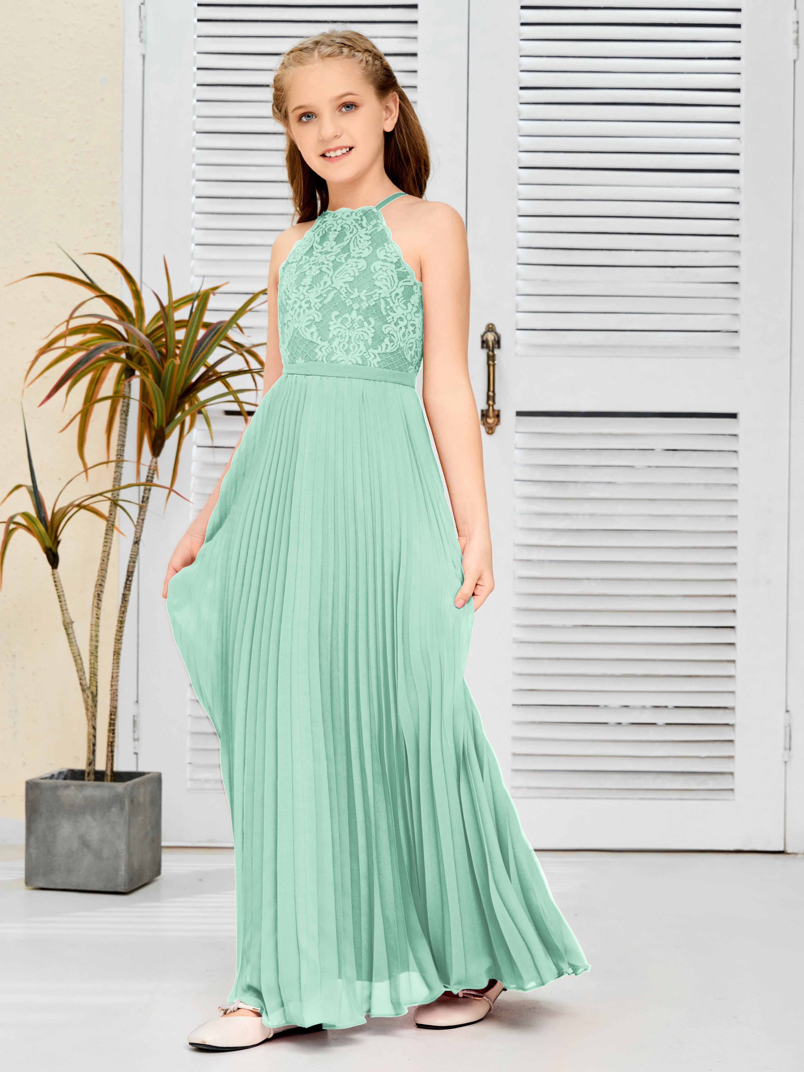Halter A Line Chiffon Lace Junior Bridesmaid Dress