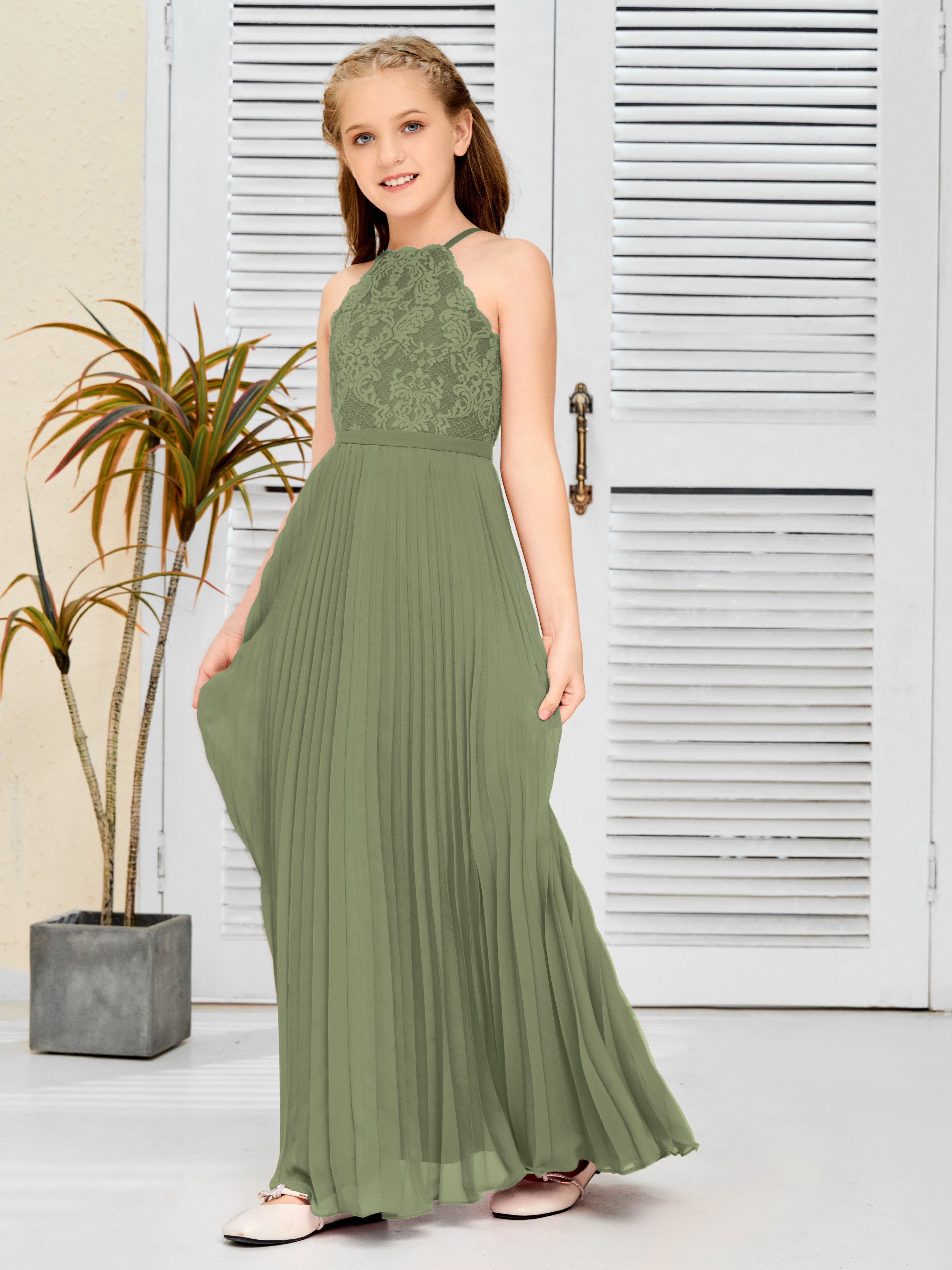 Halter A Line Chiffon Lace Junior Bridesmaid Dress