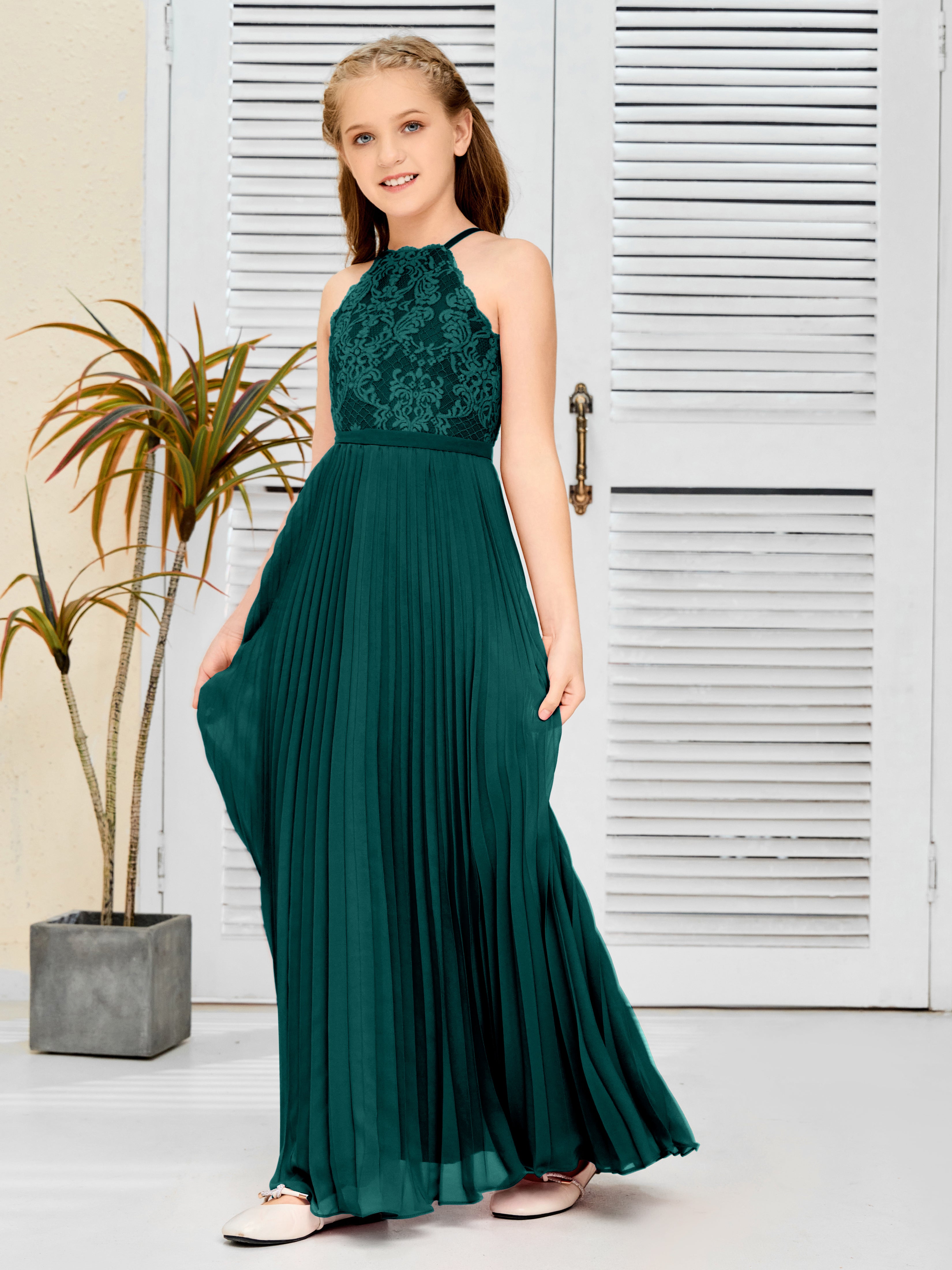 Halter A Line Chiffon Lace Junior Bridesmaid Dress