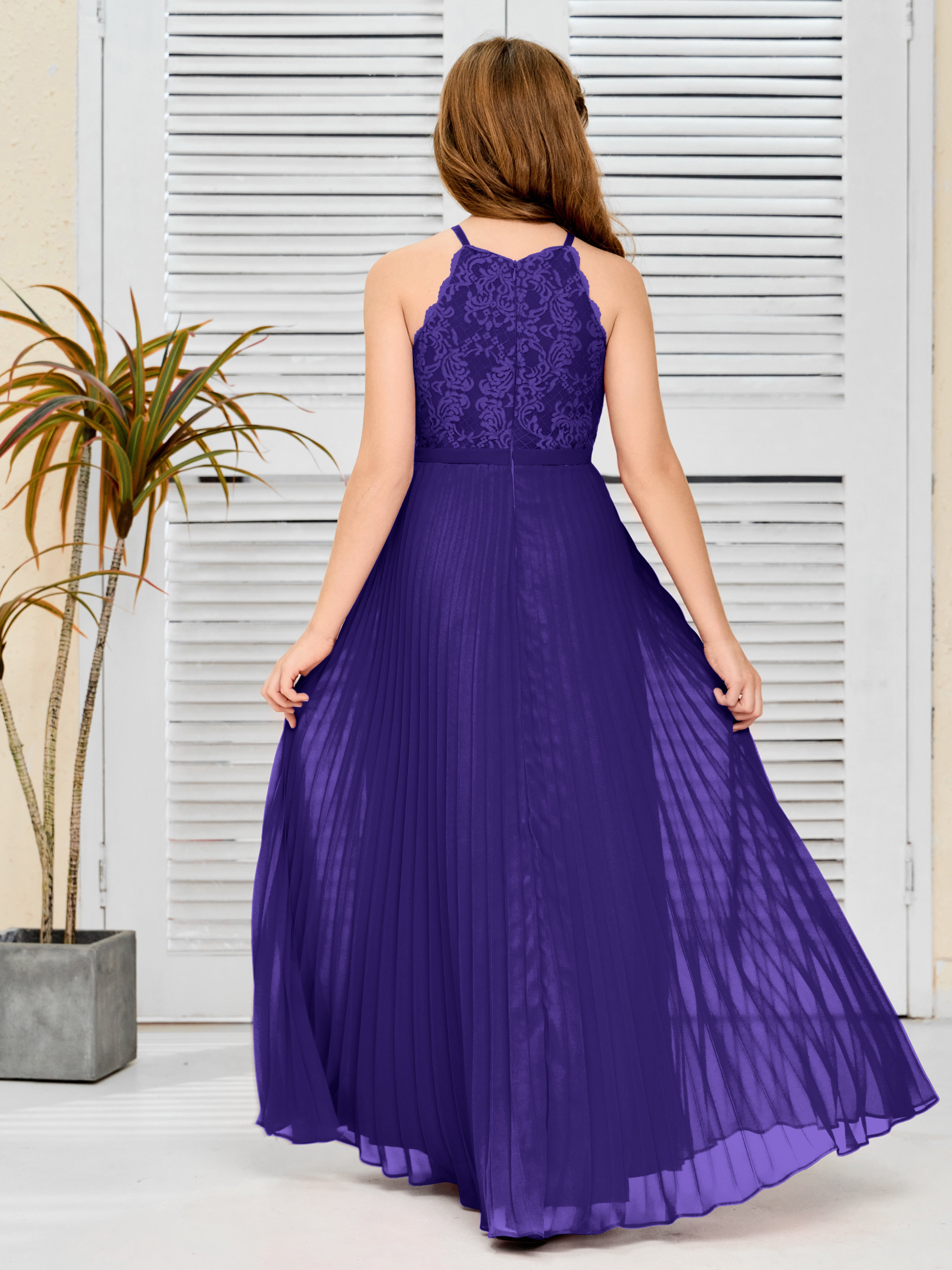 Halter A Line Chiffon Lace Junior Bridesmaid Dress