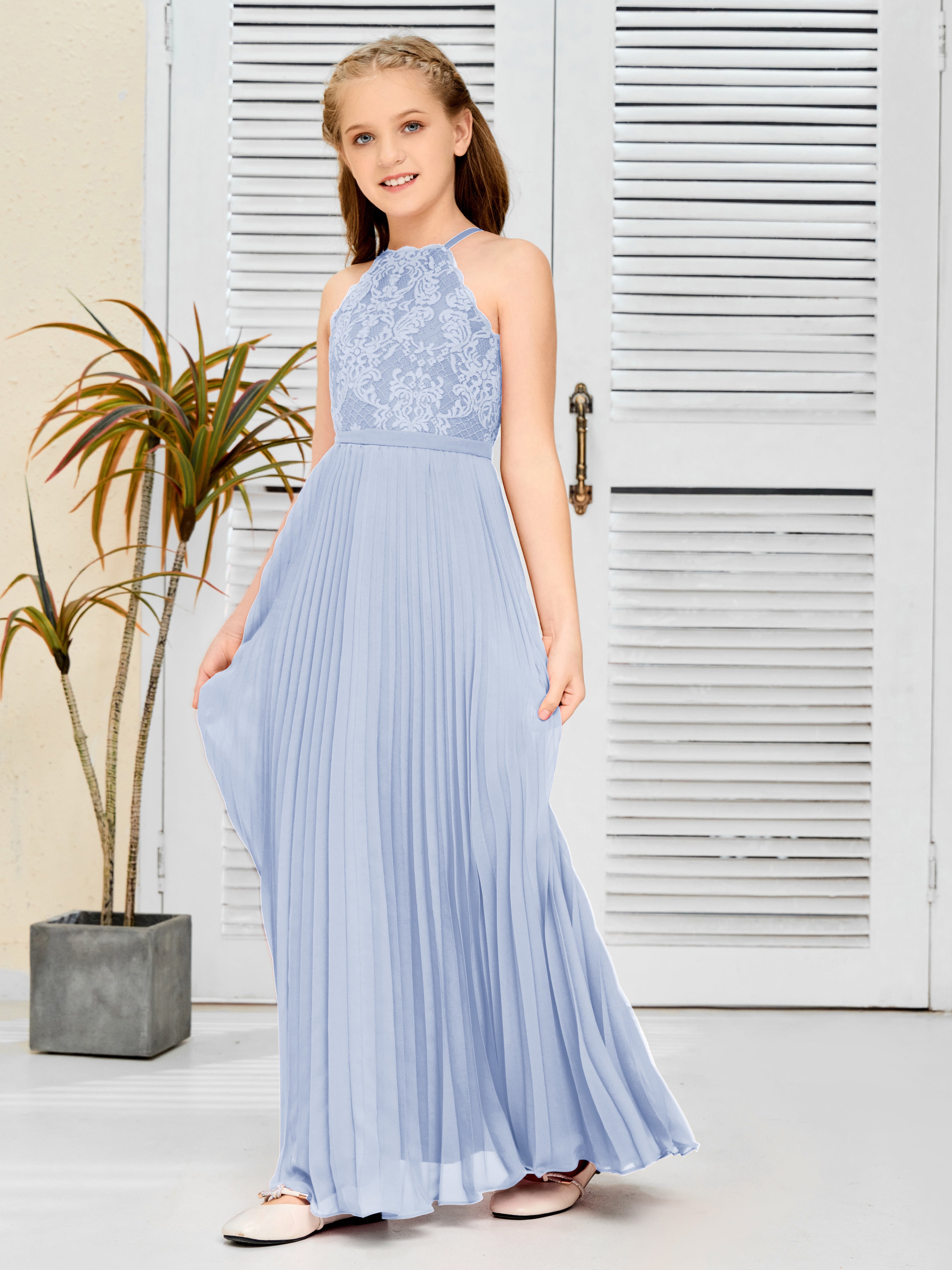 Halter A Line Chiffon Lace Junior Bridesmaid Dress