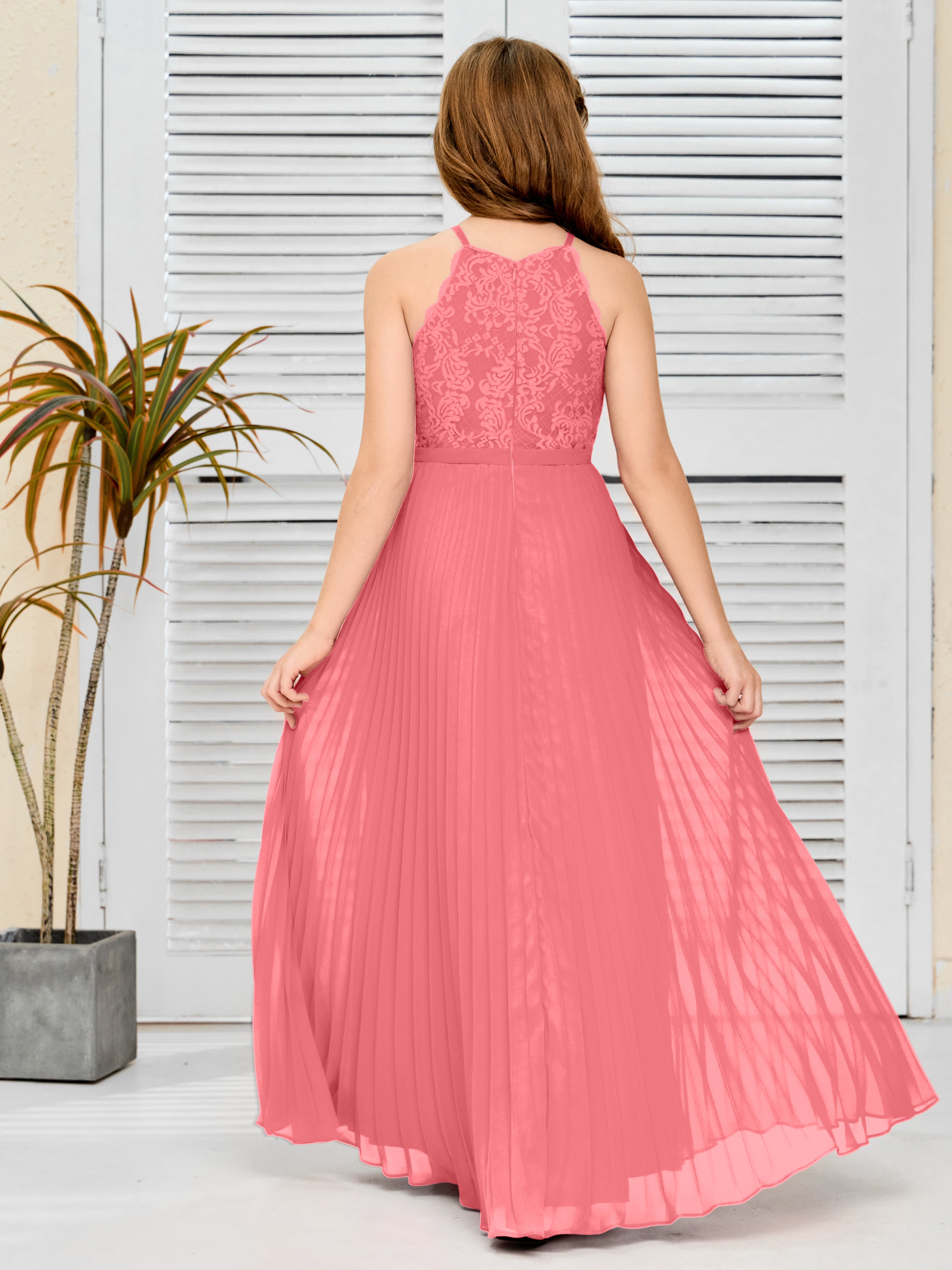 Halter A Line Chiffon Lace Junior Bridesmaid Dress