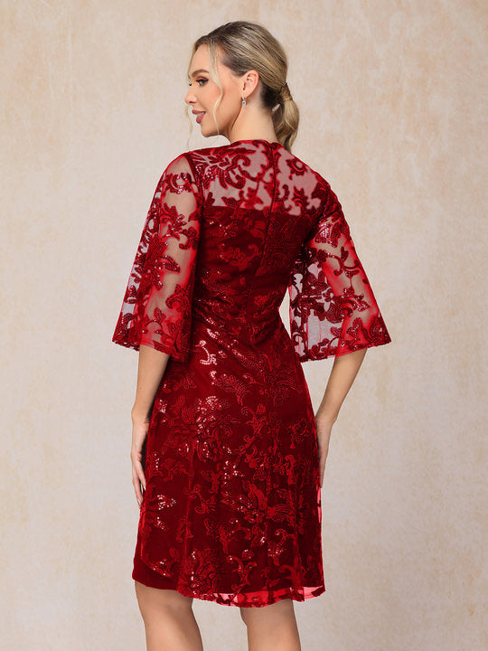 Short Sleeves Knee Length Sequins Lace Mother Of The Bride Dress