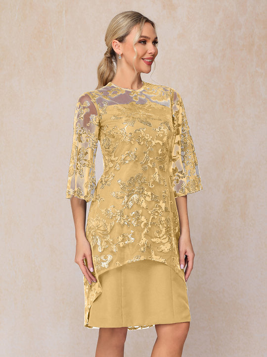 Short Sleeves Knee Length Sequins Lace Mother Of The Bride Dress