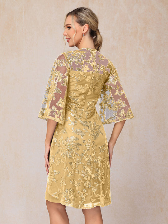Short Sleeves Knee Length Sequins Lace Mother Of The Bride Dress