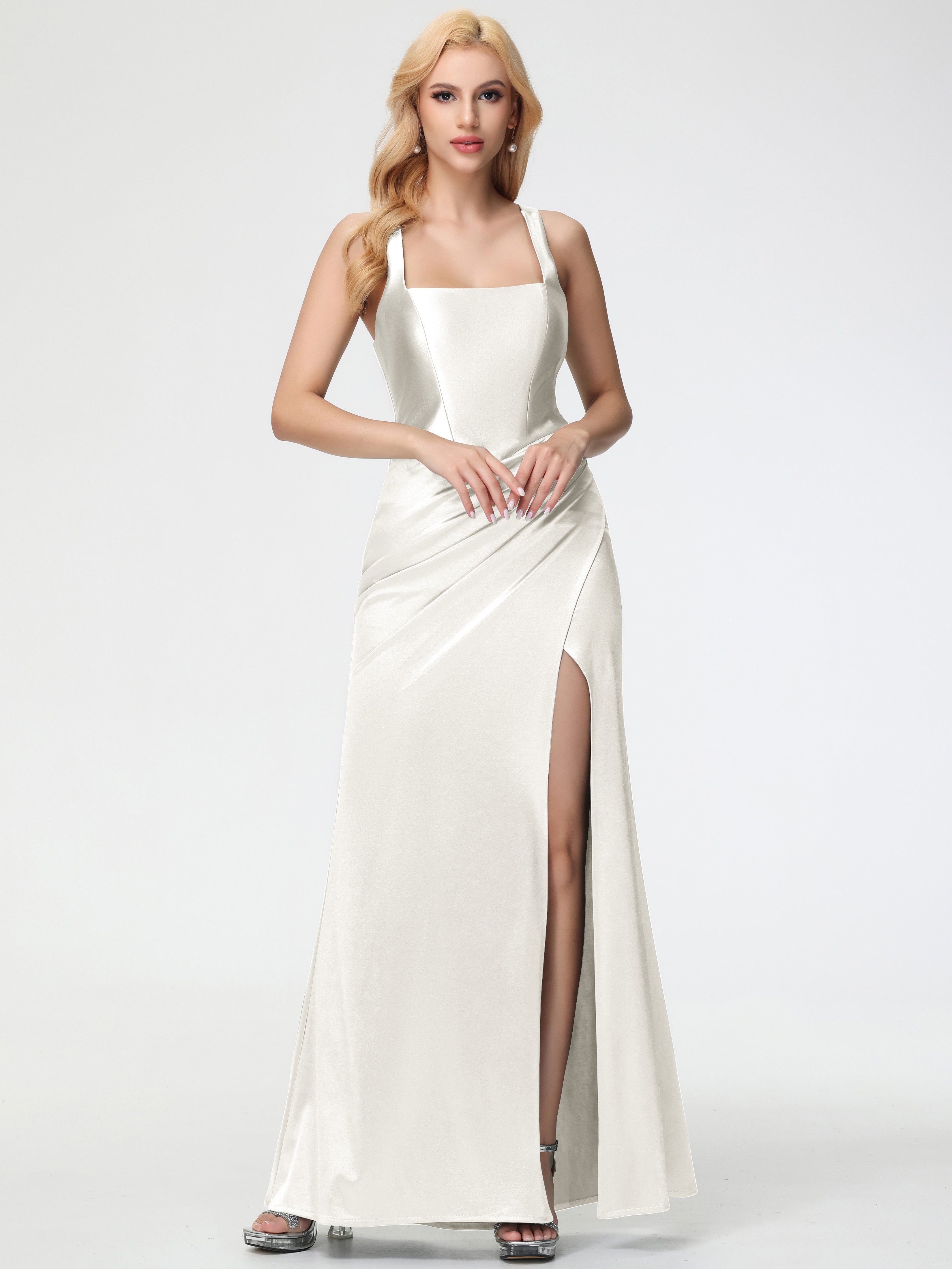Ivory Formal Dresses Straps Ruched Floor Length Sheath Formal Dress With Slit Ivory Formal Dresses Straps Ruched Floor Length Sheath Formal Dress With Slit