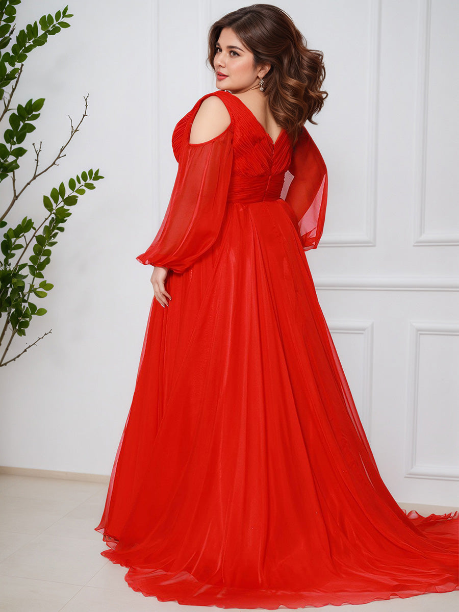 Flowy Red V-neck A-line Split Long Plus Size Prom Dress With Sleeves