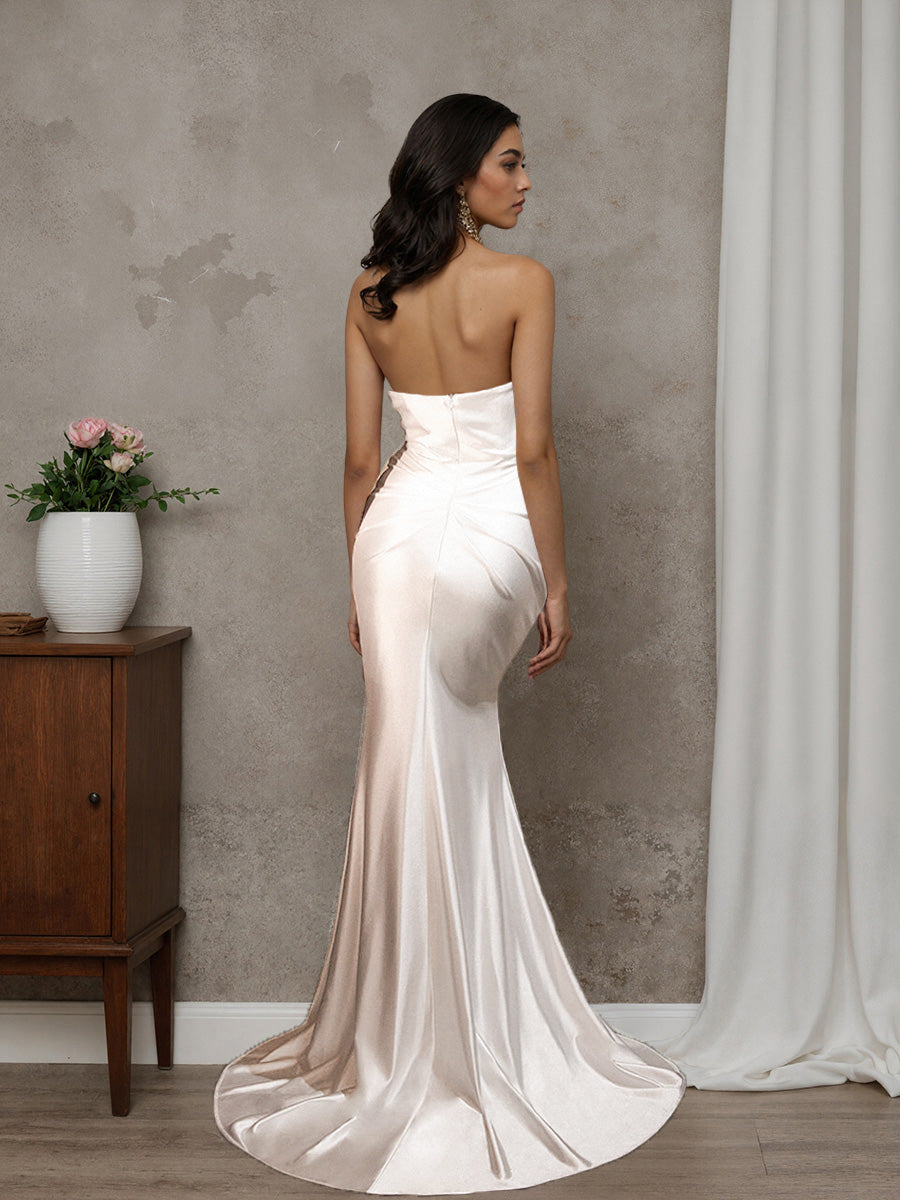 Sheath Ivory Strapless Wedding Gown Long Split Bridal Dress