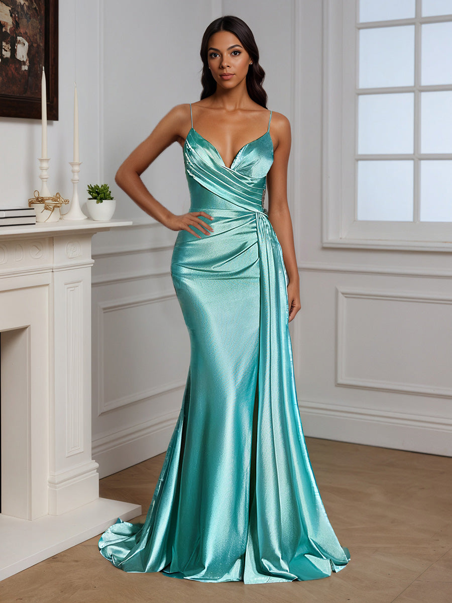 Cicinia Pool Prom Dresses Satin Spaghetti Straps Ruched V Neck Evening Dresses