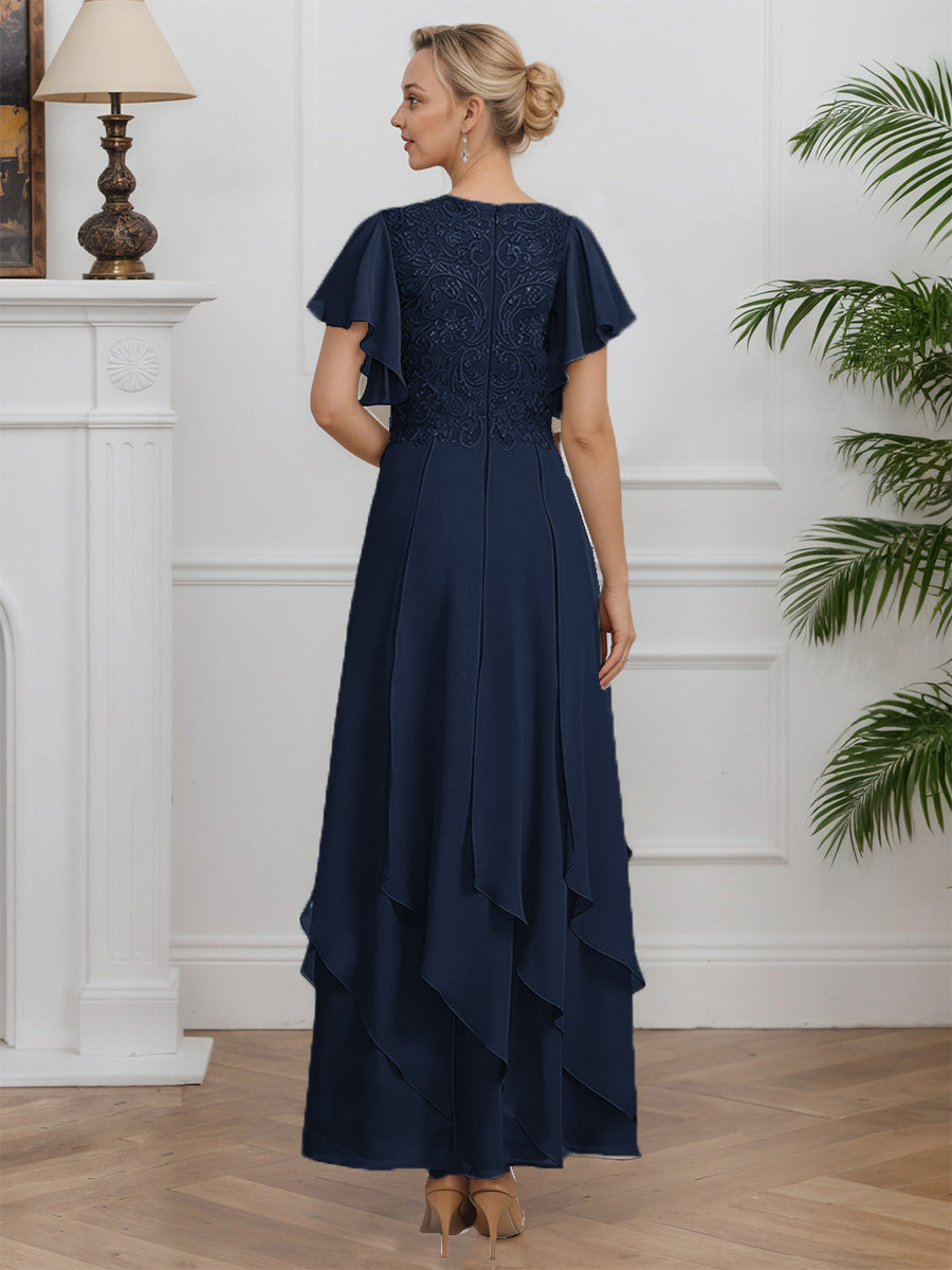 Cicinia Dark Navy Mother Of The Bride Dress Long Chiffon A-line V-neck Flutter Sleeves