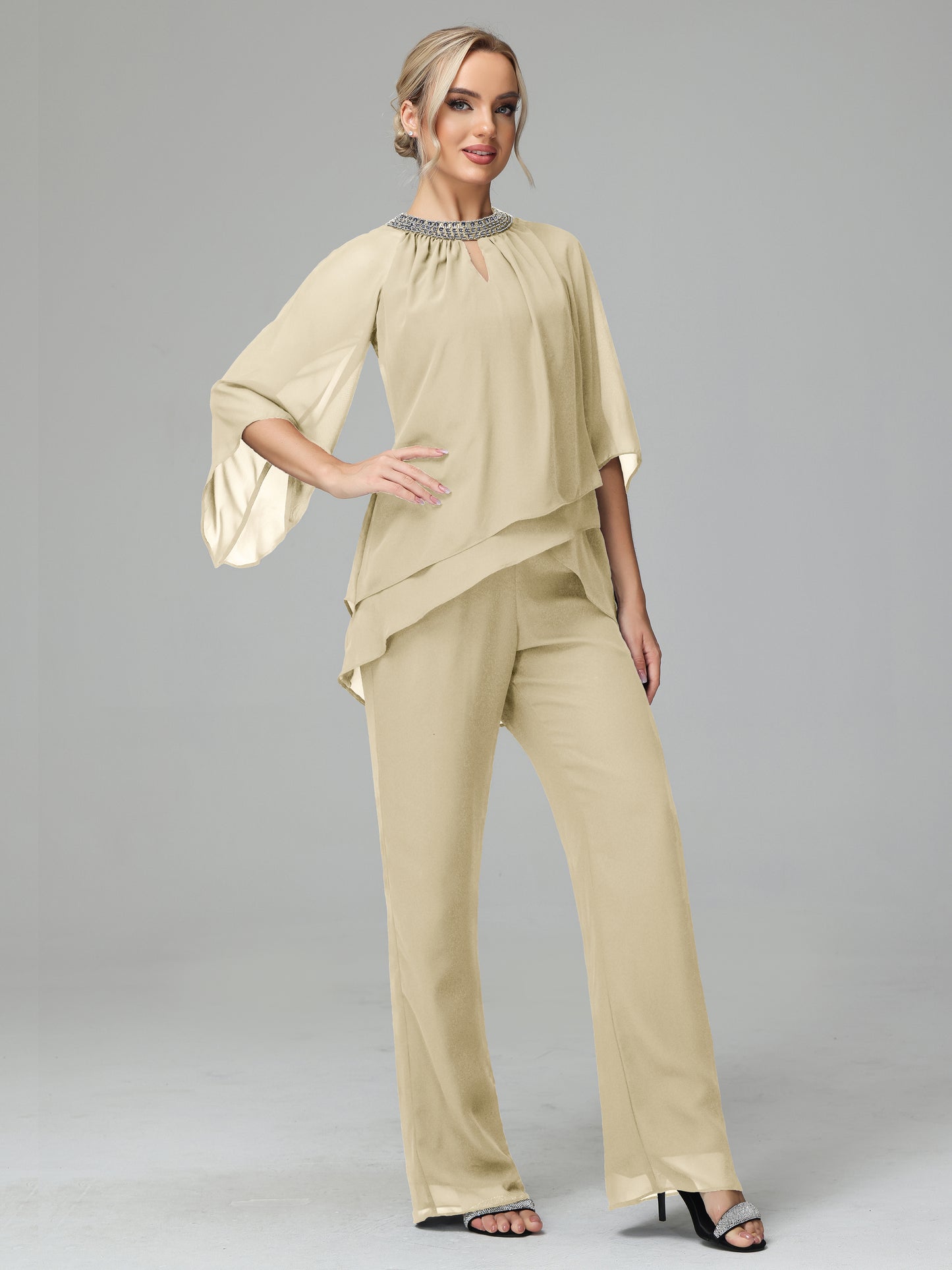 Long Sleeves Chiffon Mother Of The Bride Dress Pants Suits
