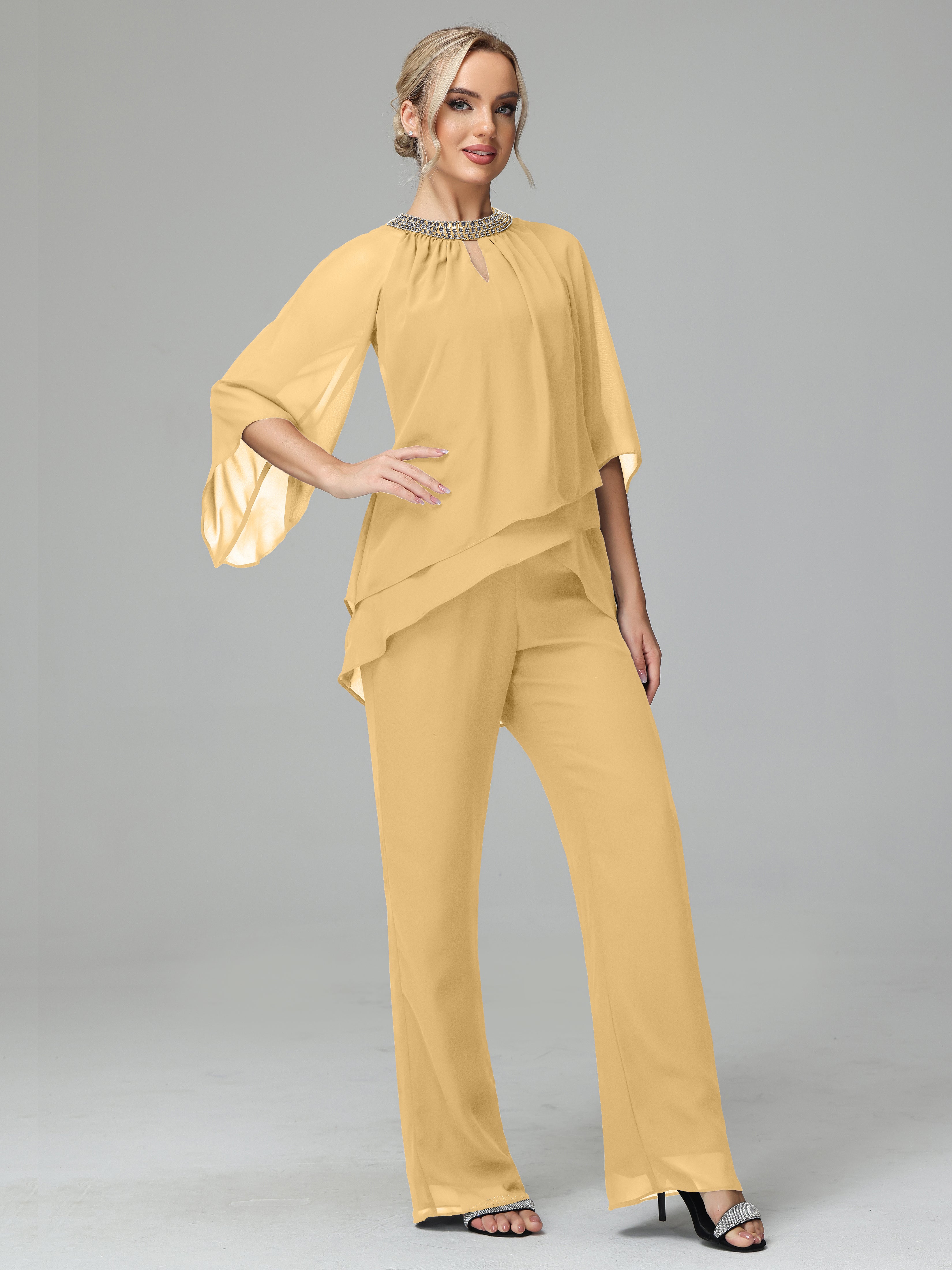 Long Sleeves Chiffon Mother Of The Bride Dress Pants Suits