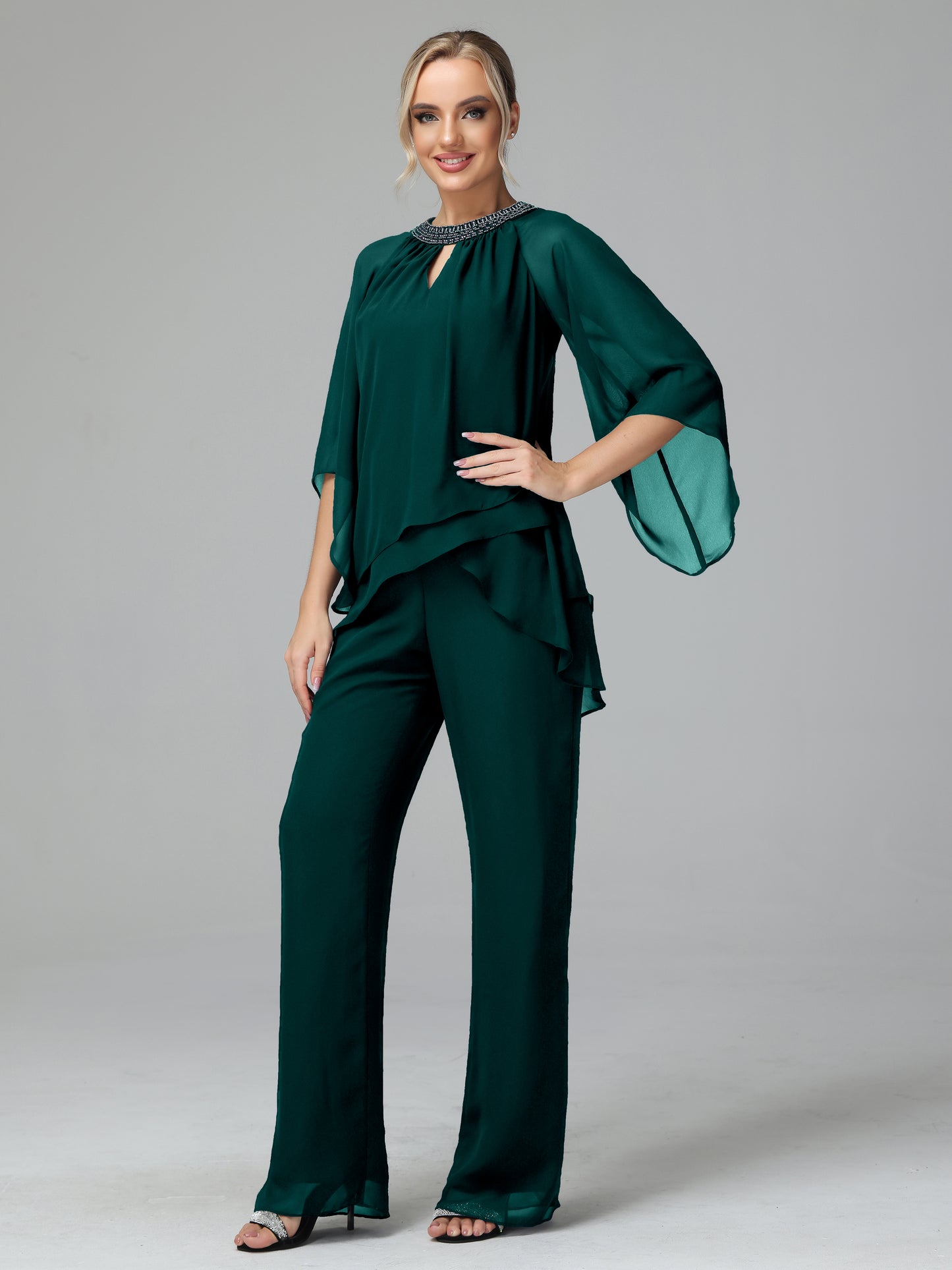 Long Sleeves Chiffon Mother Of The Bride Dress Pants Suits