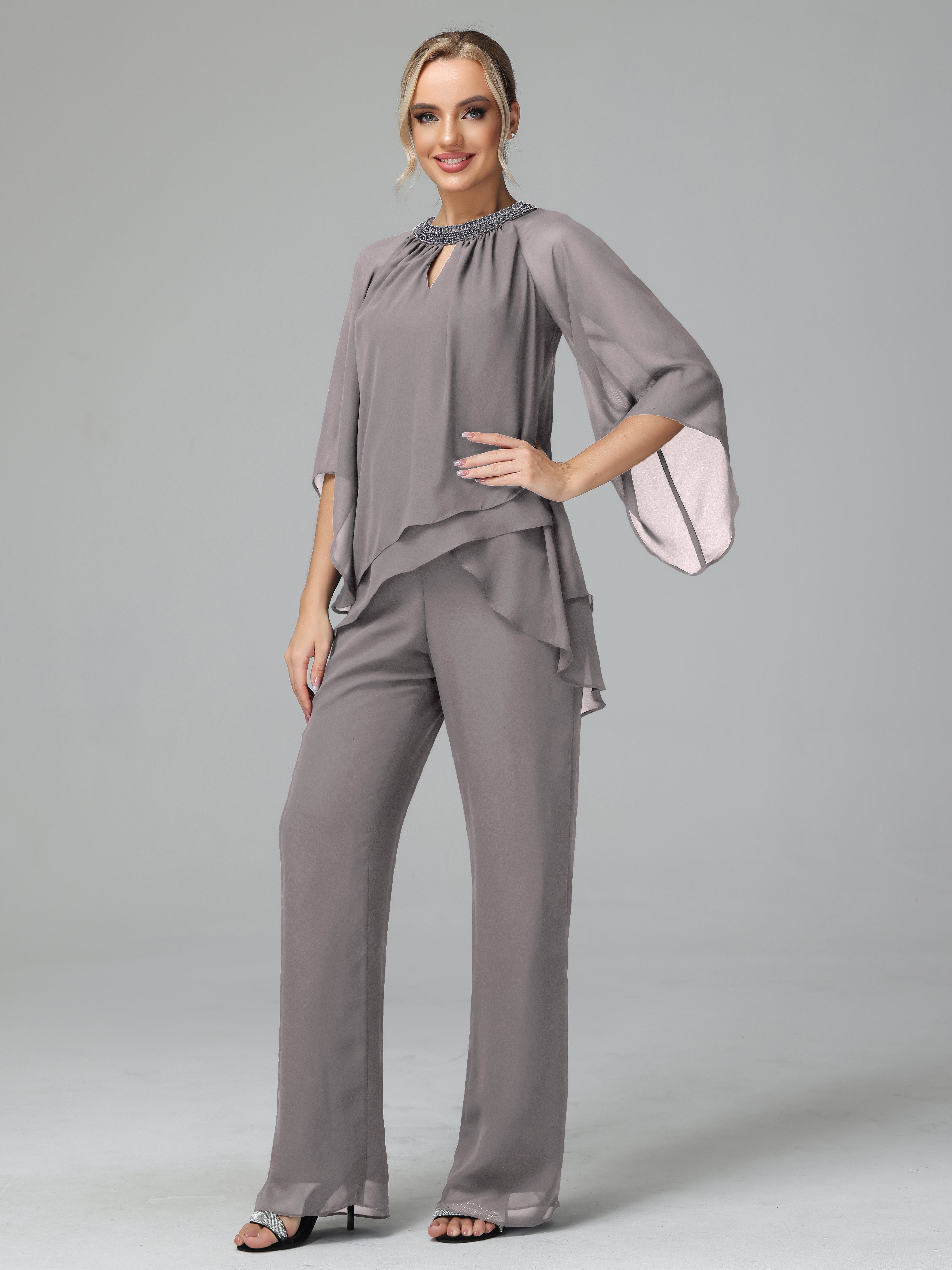 Long Sleeves Chiffon Mother Of The Bride Dress Pants Suits