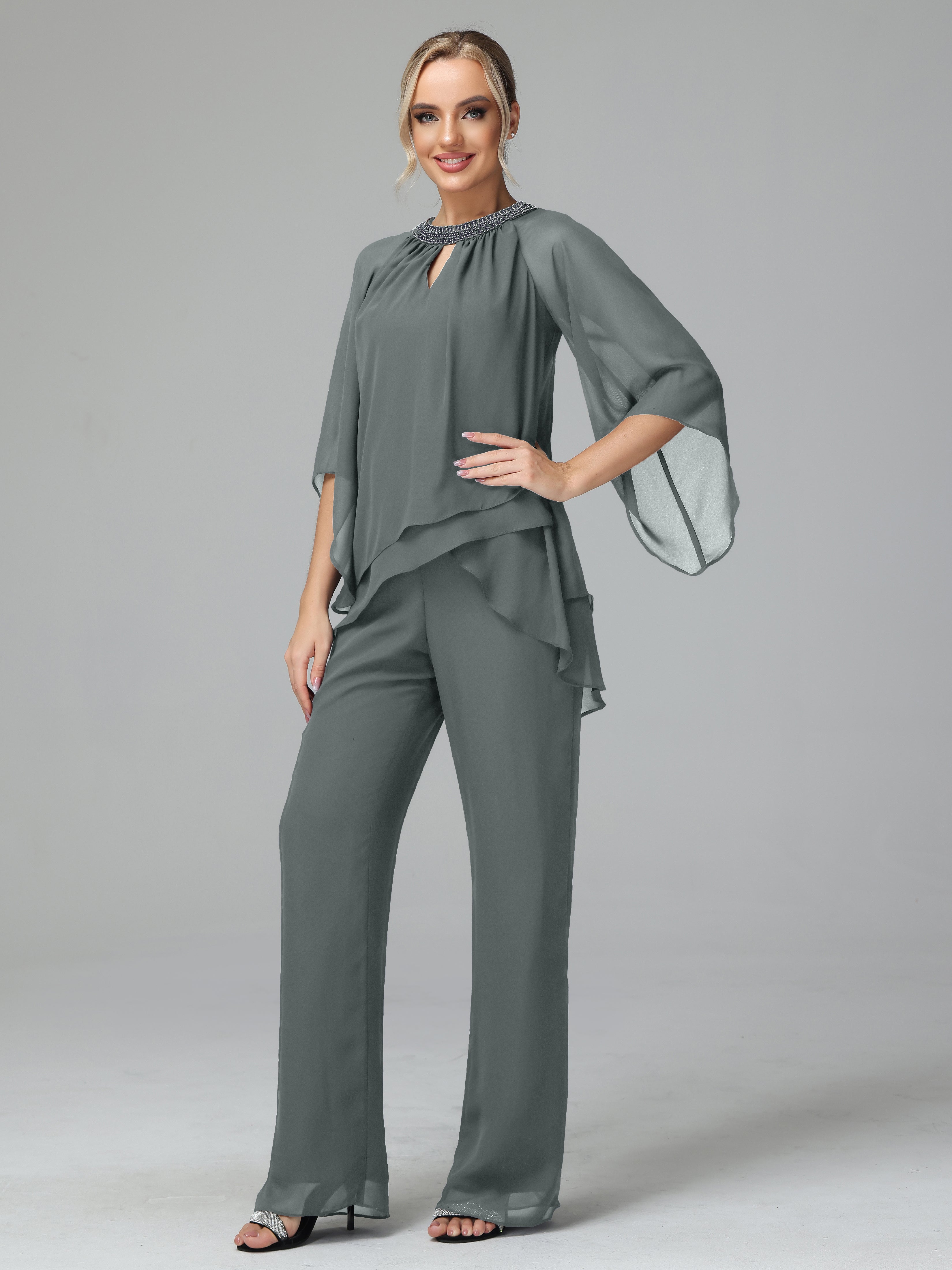Long Sleeves Chiffon Mother Of The Bride Dress Pants Suits