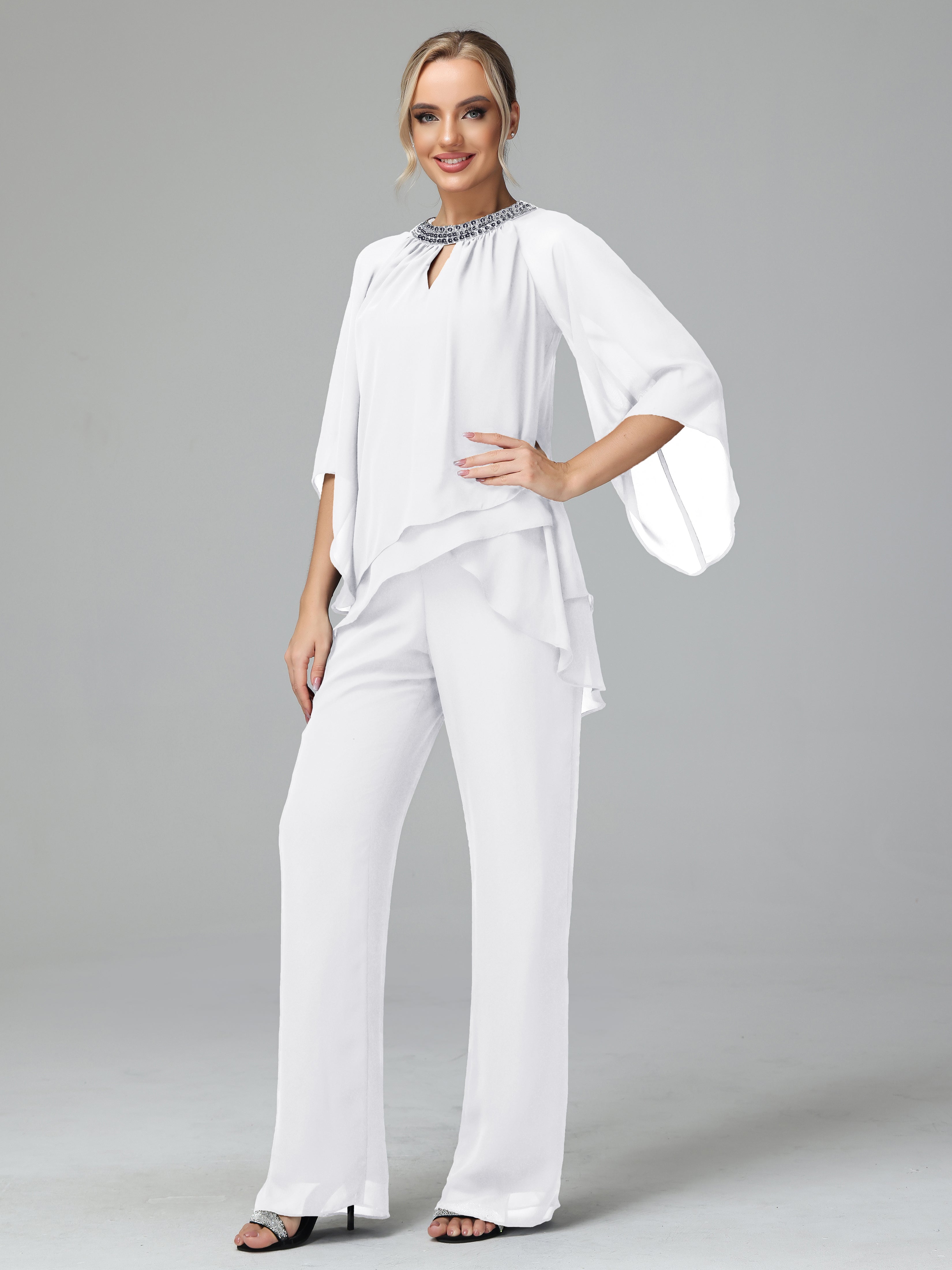 Long Sleeves Chiffon Mother Of The Bride Dress Pants Suits