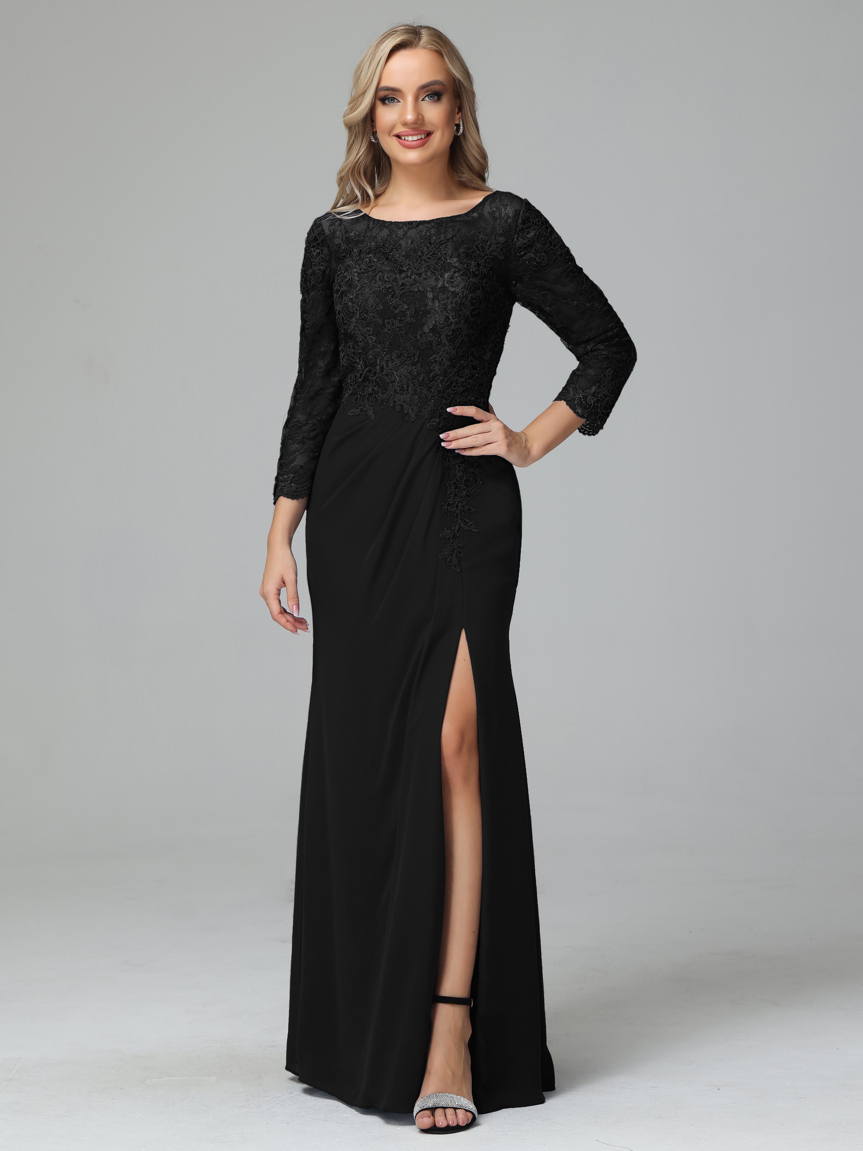 Long Sleeves Floor Length Chiffon Lace Mother of The Bride Dress, Black Long Sleeves Floor Length Chiffon Lace Mother of The Bride Dress, Black