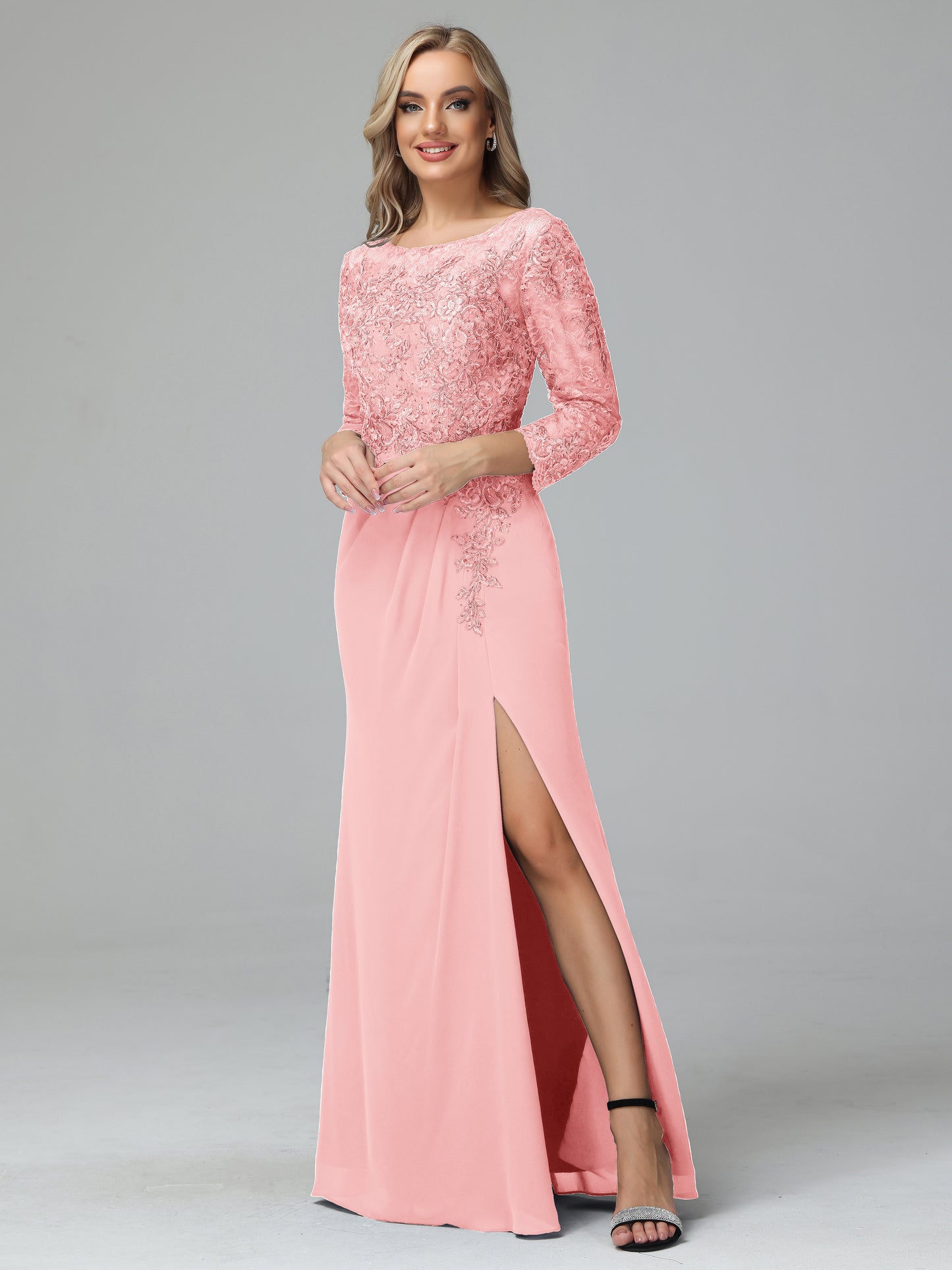 Long Sleeves Floor Length Chiffon Lace Mother Of The Bride Dress