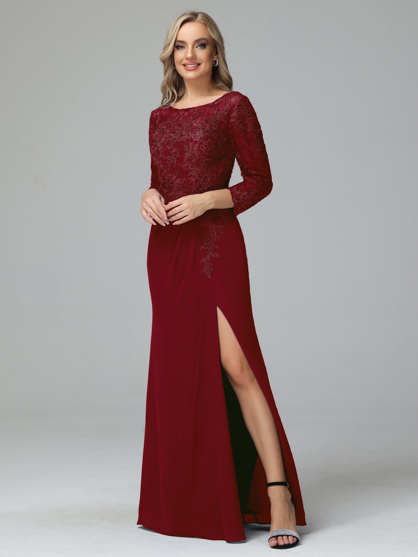 Long Sleeves Floor Length Chiffon Lace Mother Of The Bride Dress