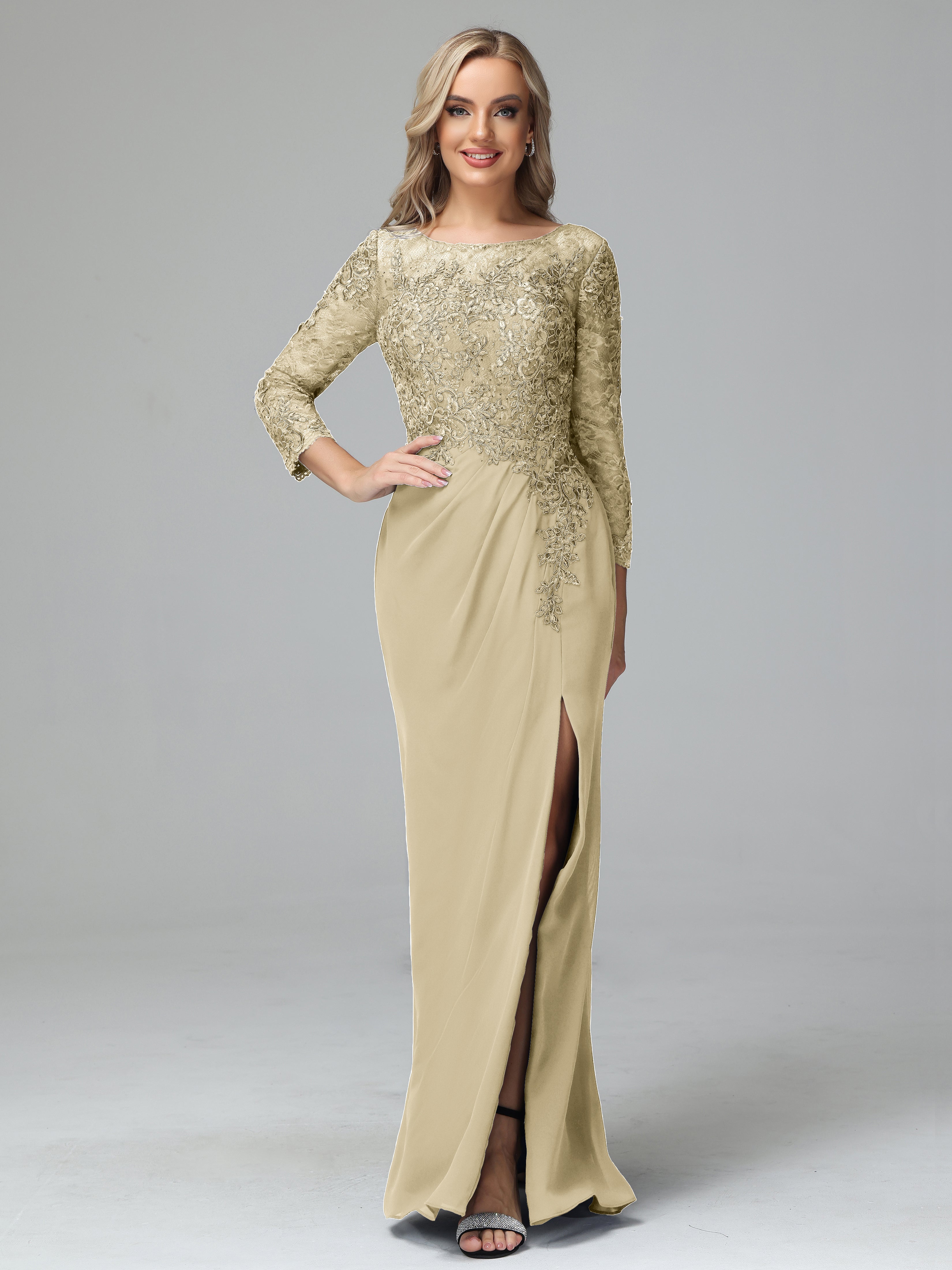 Long Sleeves Floor Length Chiffon Lace Mother Of The Bride Dress