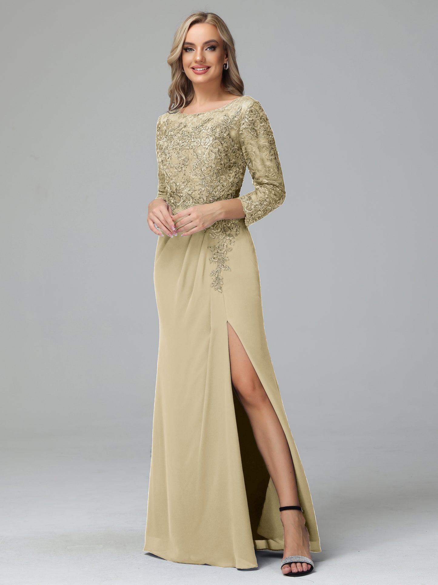 Long Sleeves Floor Length Chiffon Lace Mother Of The Bride Dress