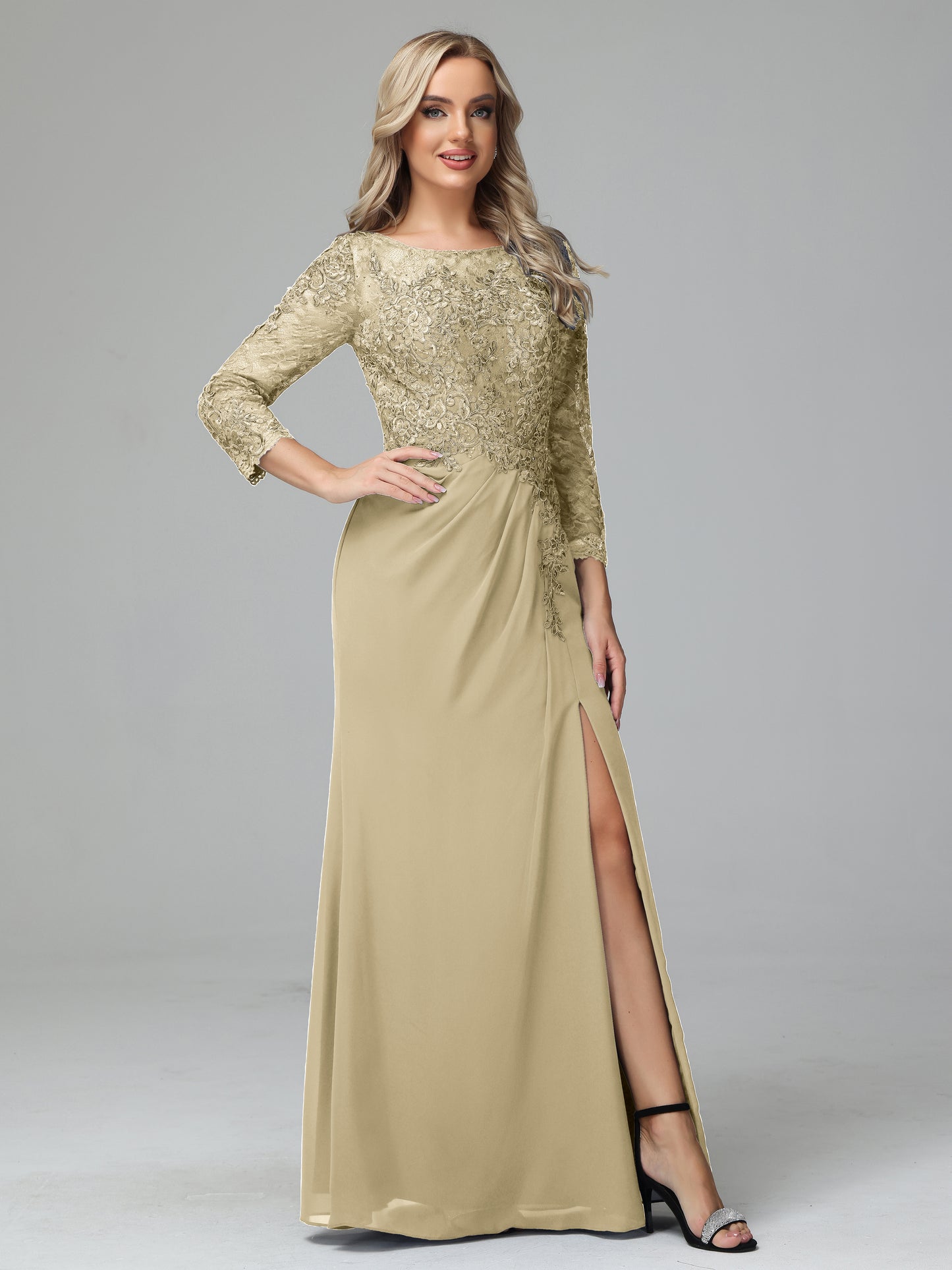 Long Sleeves Floor Length Chiffon Lace Mother Of The Bride Dress