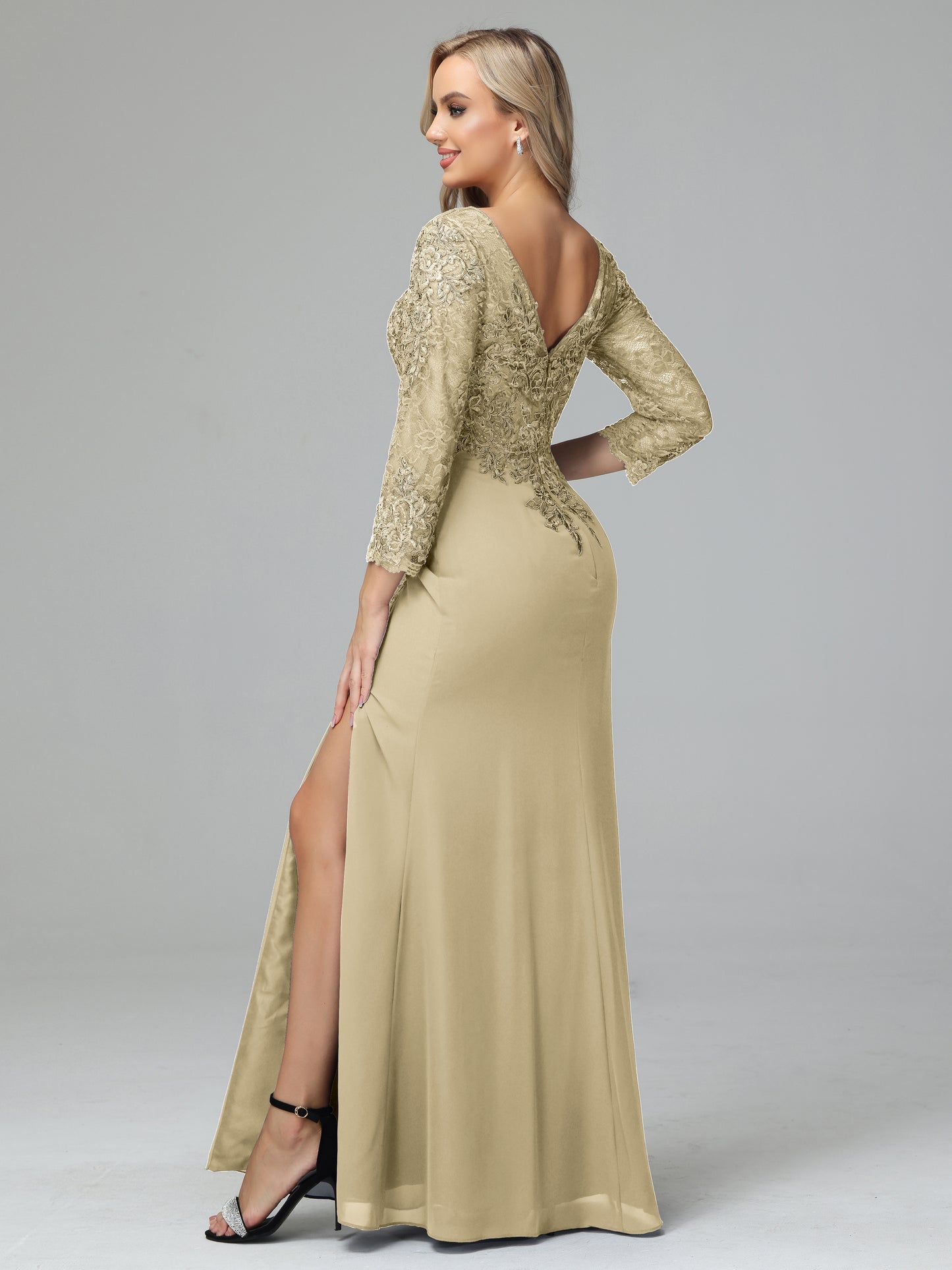 Long Sleeves Floor Length Chiffon Lace Mother Of The Bride Dress