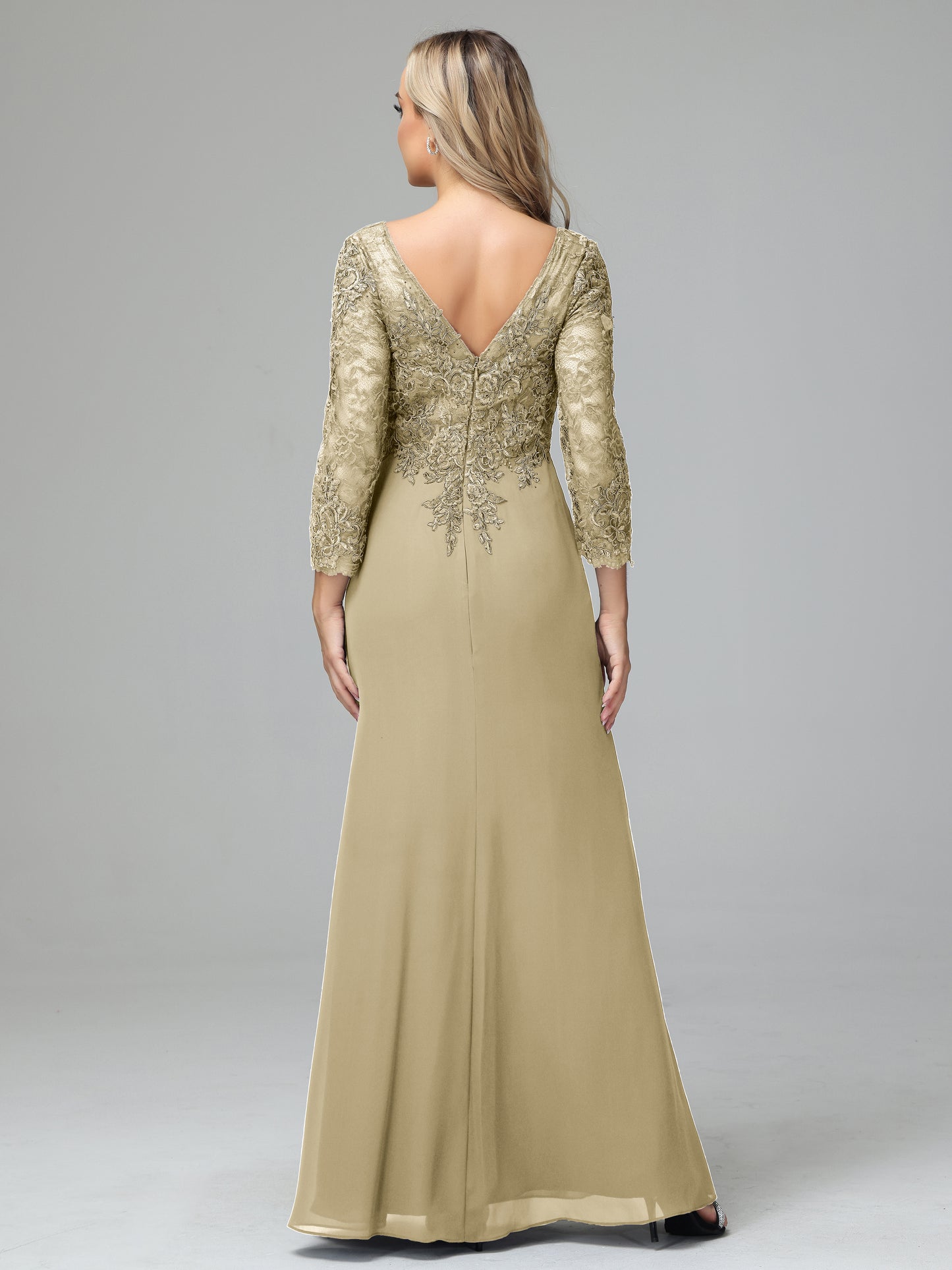 Long Sleeves Floor Length Chiffon Lace Mother Of The Bride Dress