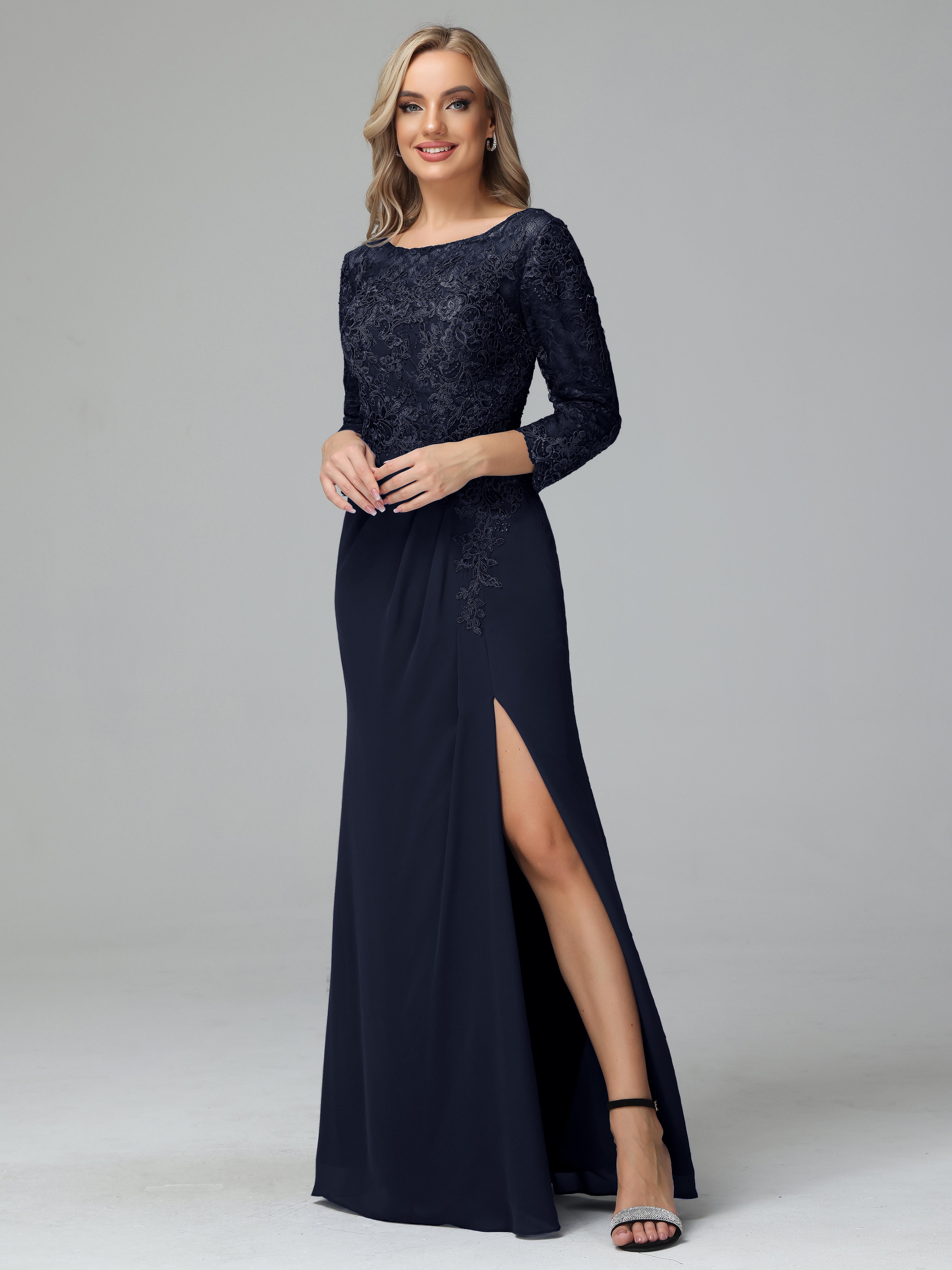 Long Sleeves Floor Length Chiffon Lace Mother Of The Bride Dress
