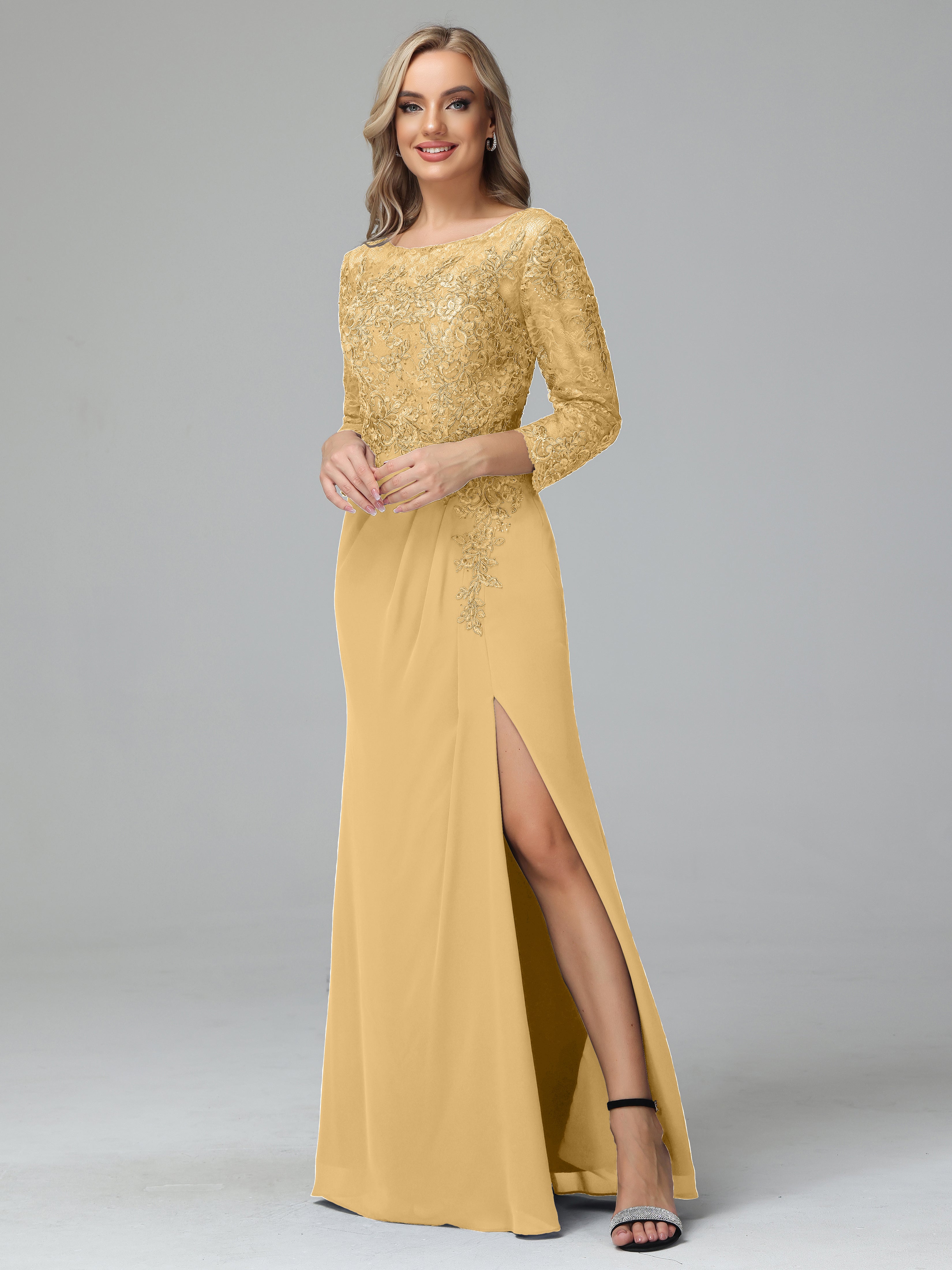 Long Sleeves Floor Length Chiffon Lace Mother Of The Bride Dress