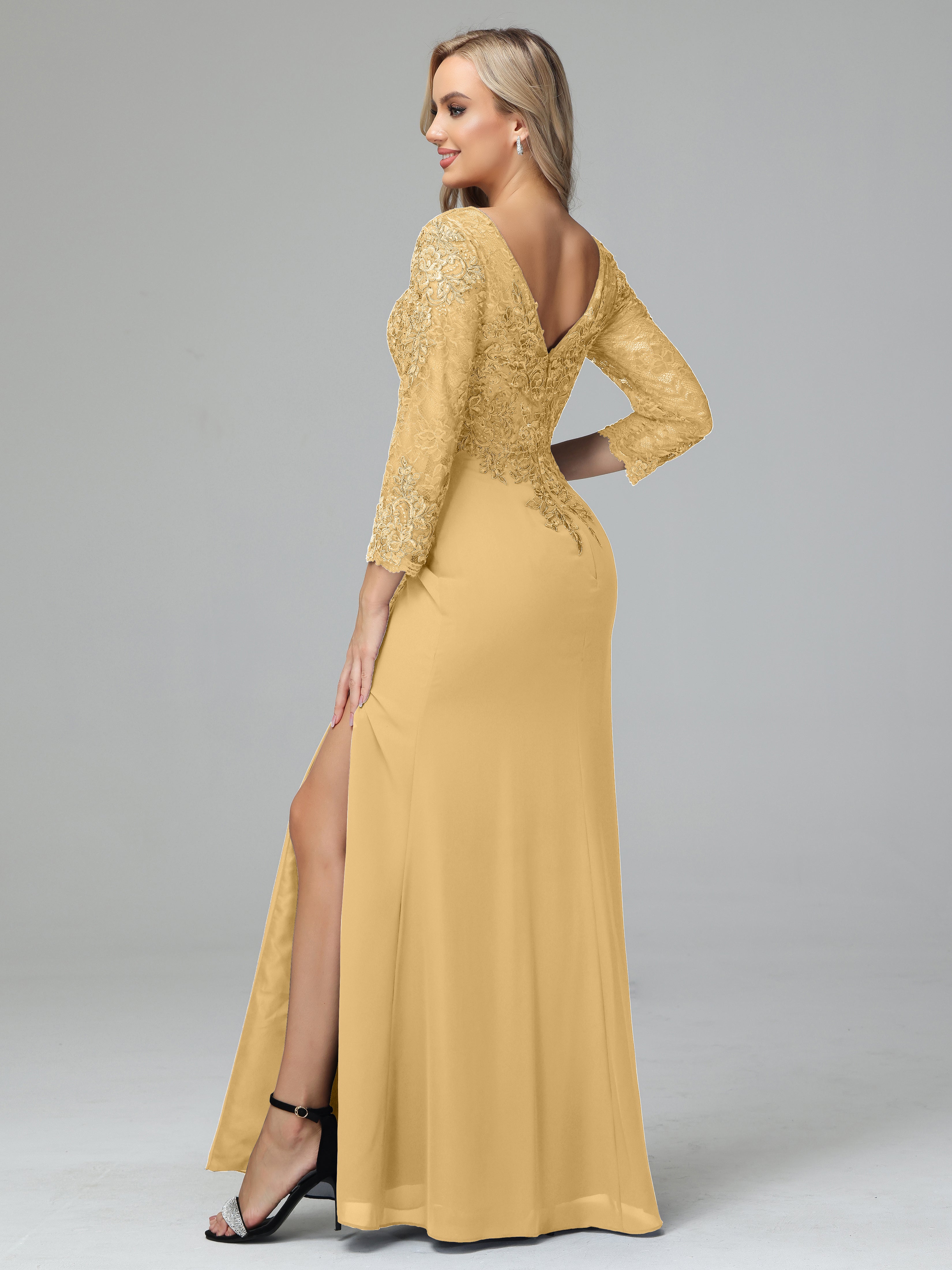 Long Sleeves Floor Length Chiffon Lace Mother Of The Bride Dress