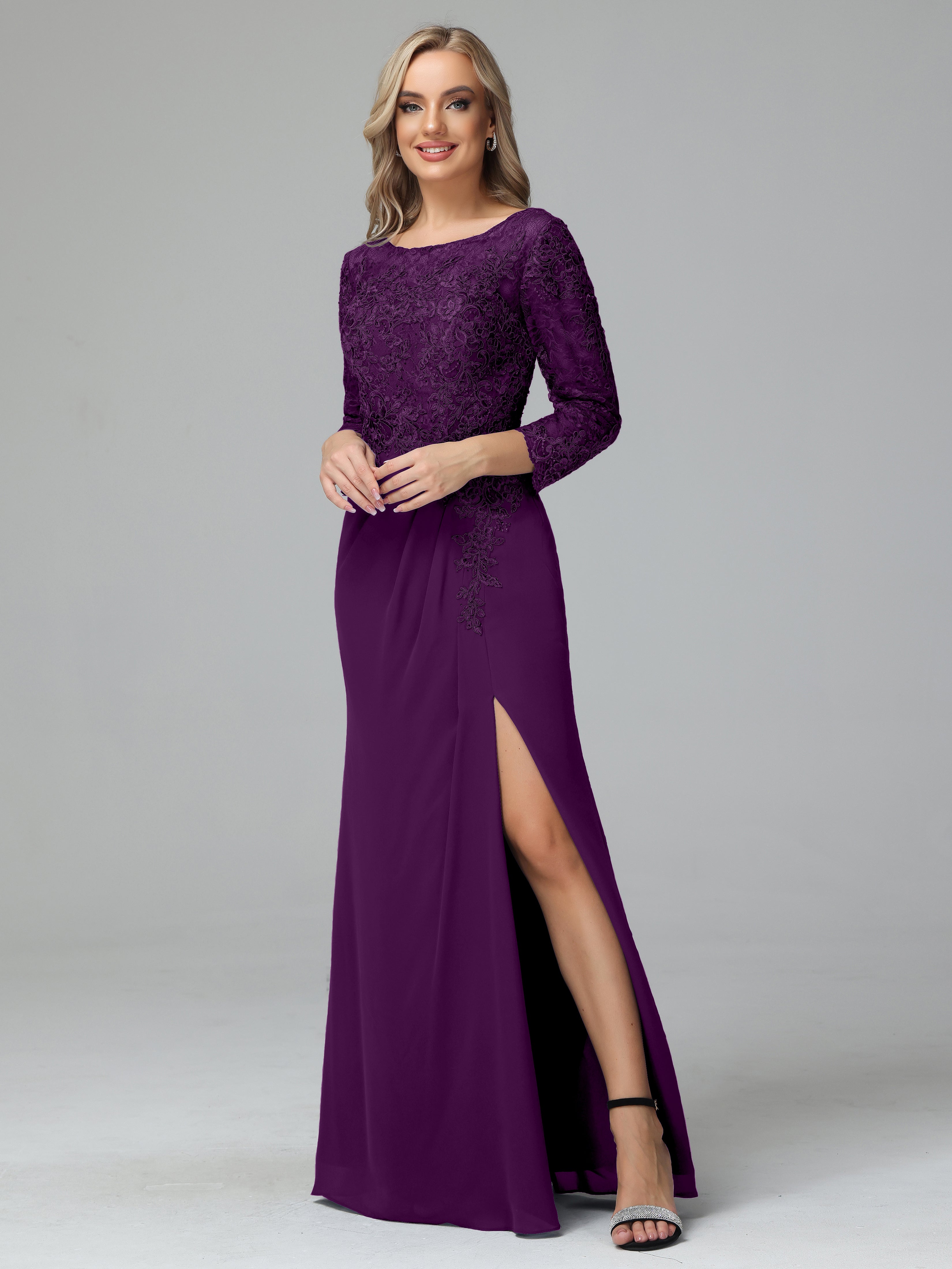 Long Sleeves Floor Length Chiffon Lace Mother Of The Bride Dress